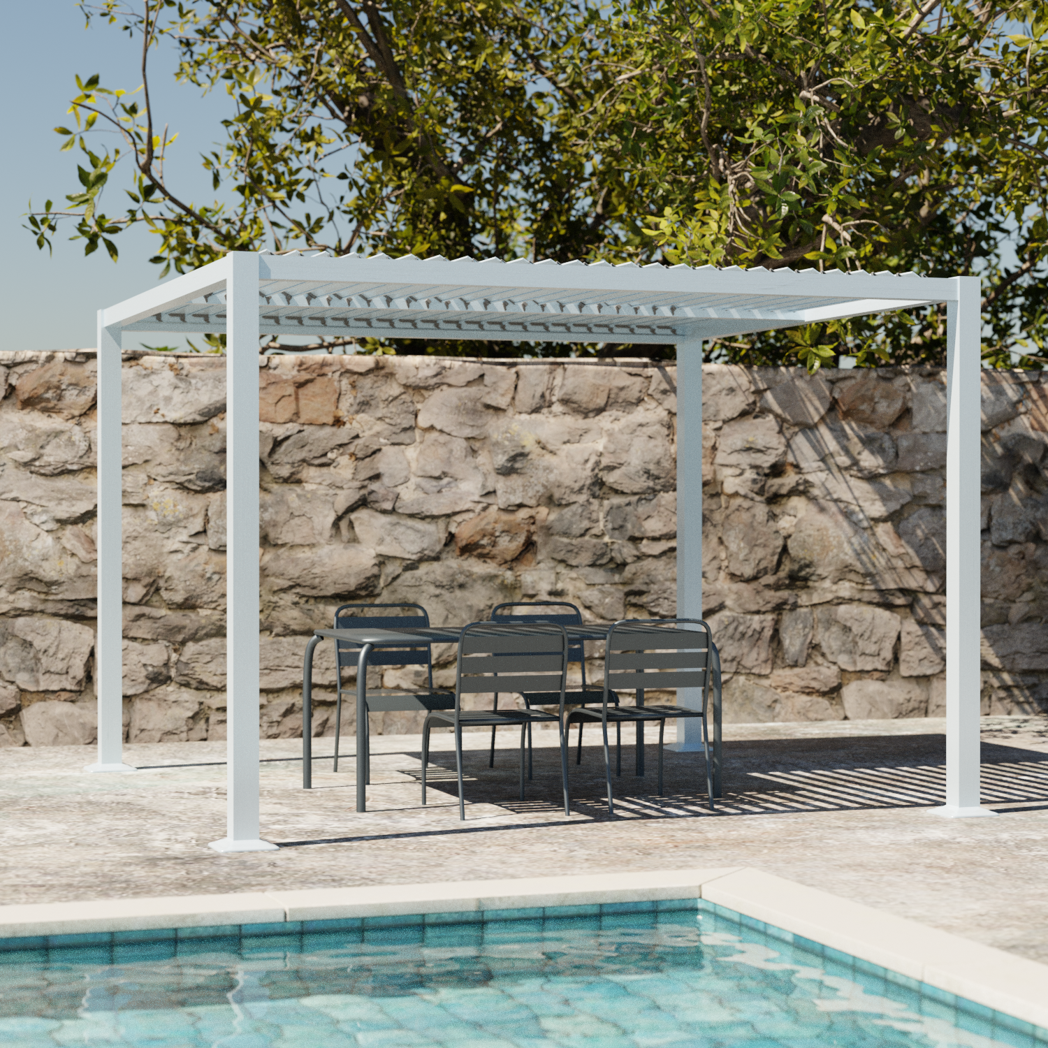 Pergola bioclimatique blanche, aluminium et acier, 3x3m, lames orientables Photo1