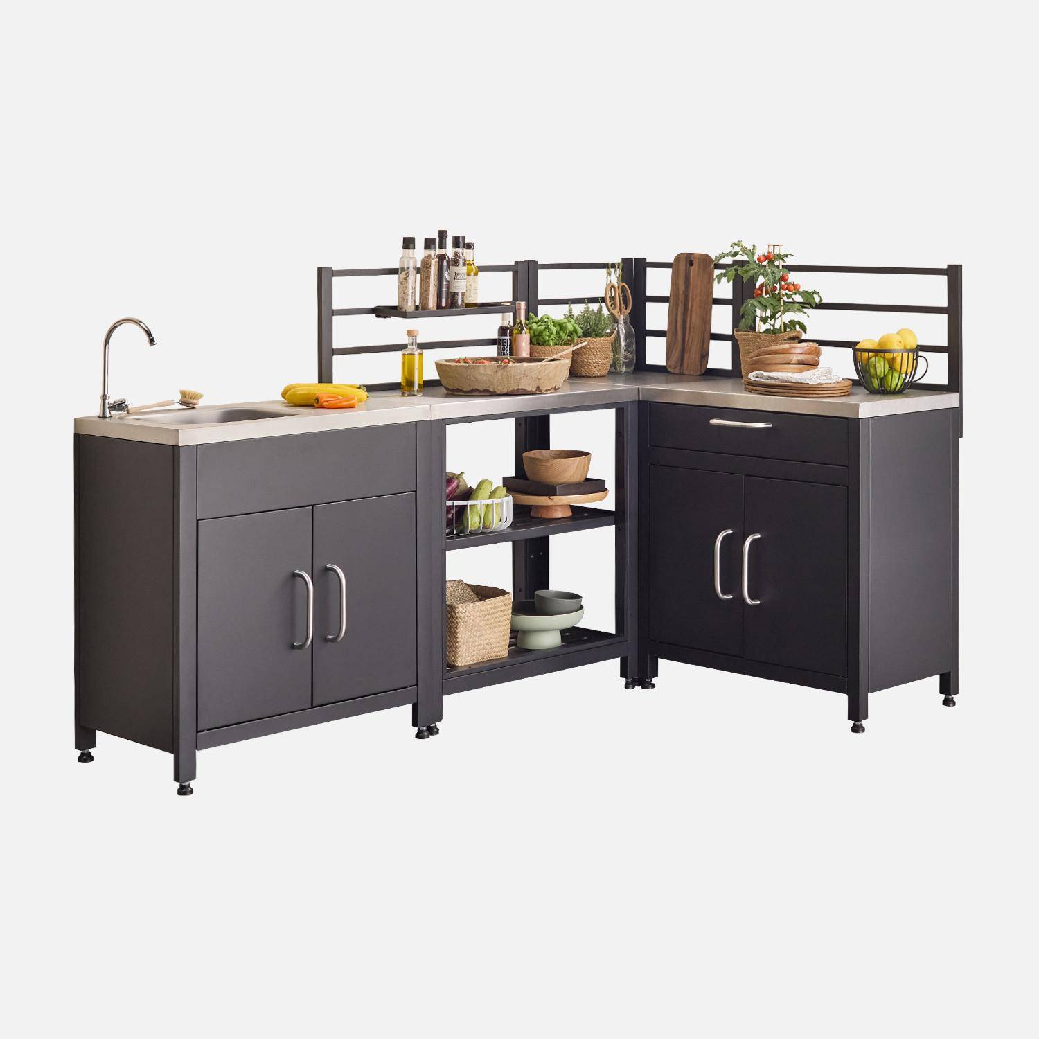 Cuisine extérieure avec 4 modules en acier, meuble avec évier, étagères, tiroirs, rangements  Photo3
