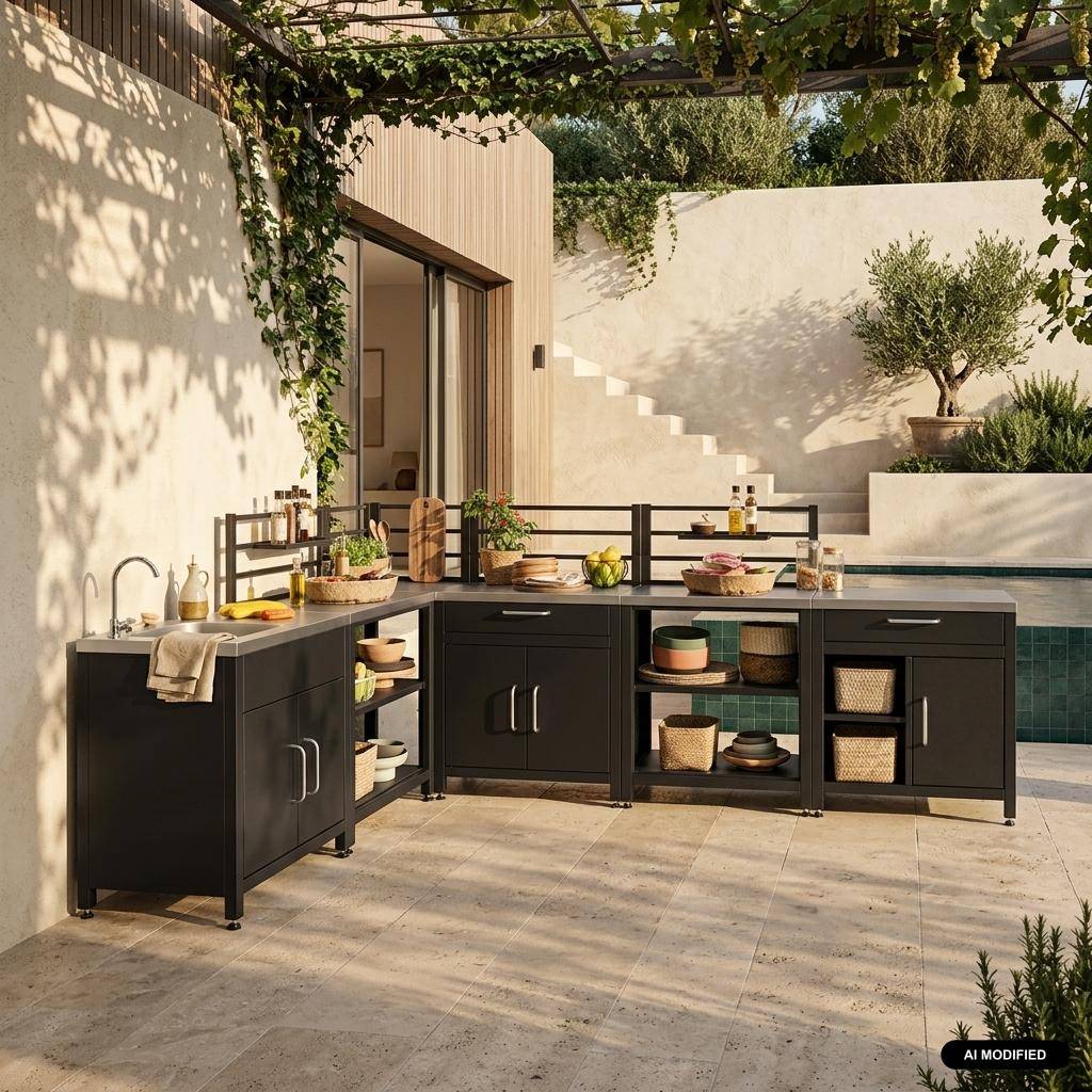 Cocina exterior completa de acero inoxidable de 6 módulos, Grimaud, Negro, 52.5x80x114 cm Photo1