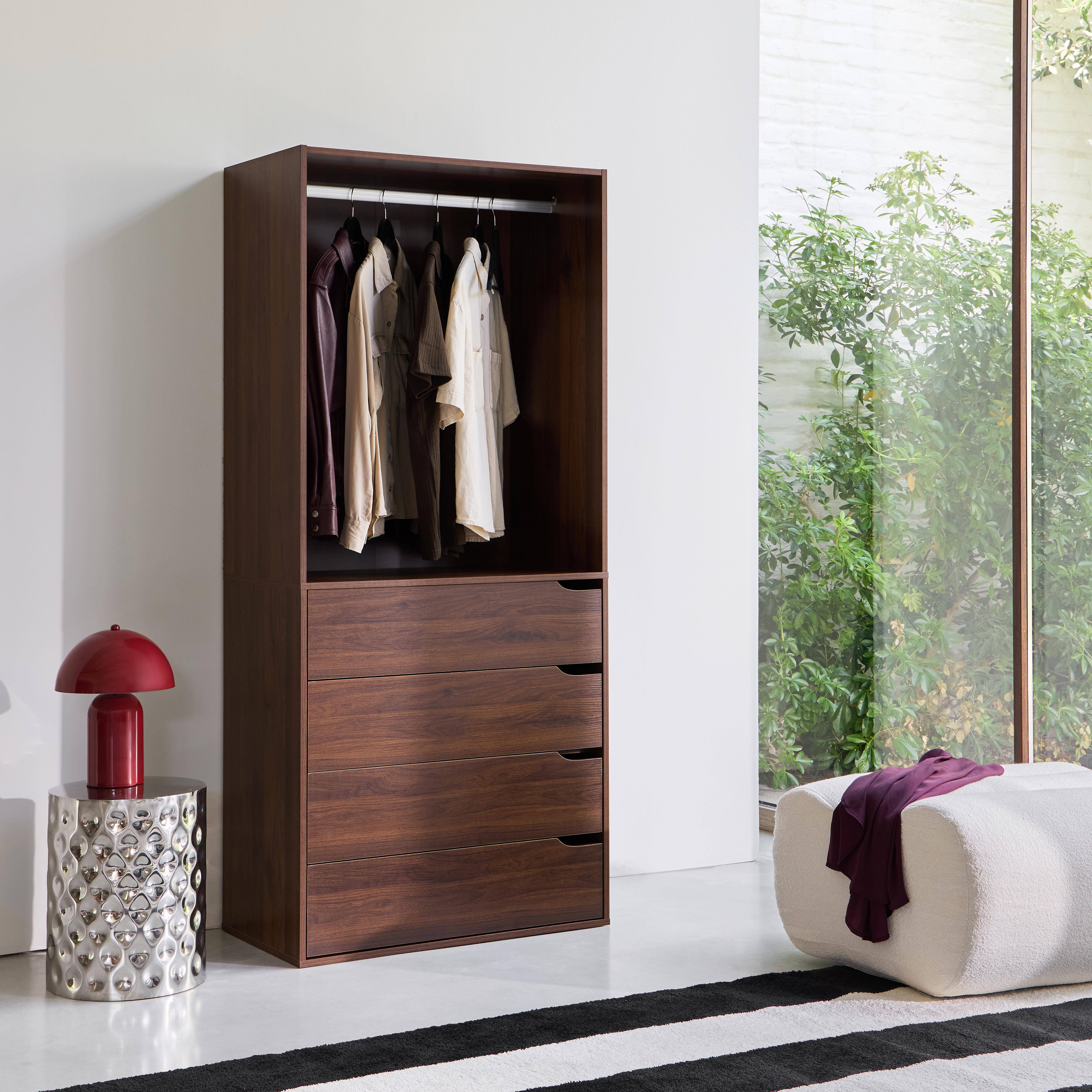 Módulo de vestidor decorado en madera con 4 cajones y 1 barra para colgar Nogal - 80x45x180 cm Photo2