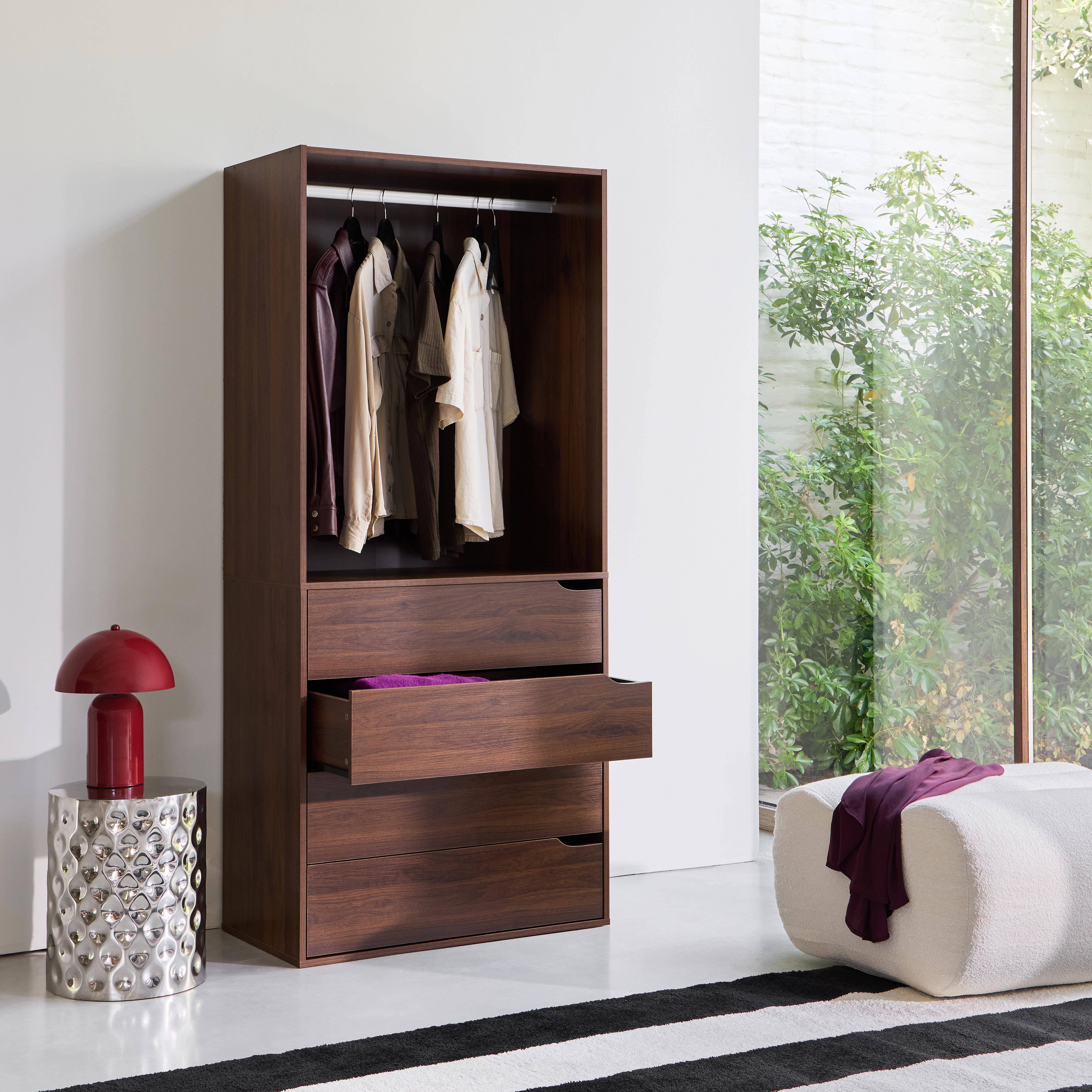Módulo de vestidor decorado en madera con 4 cajones y 1 barra para colgar Nogal - 80x45x180 cm Photo3