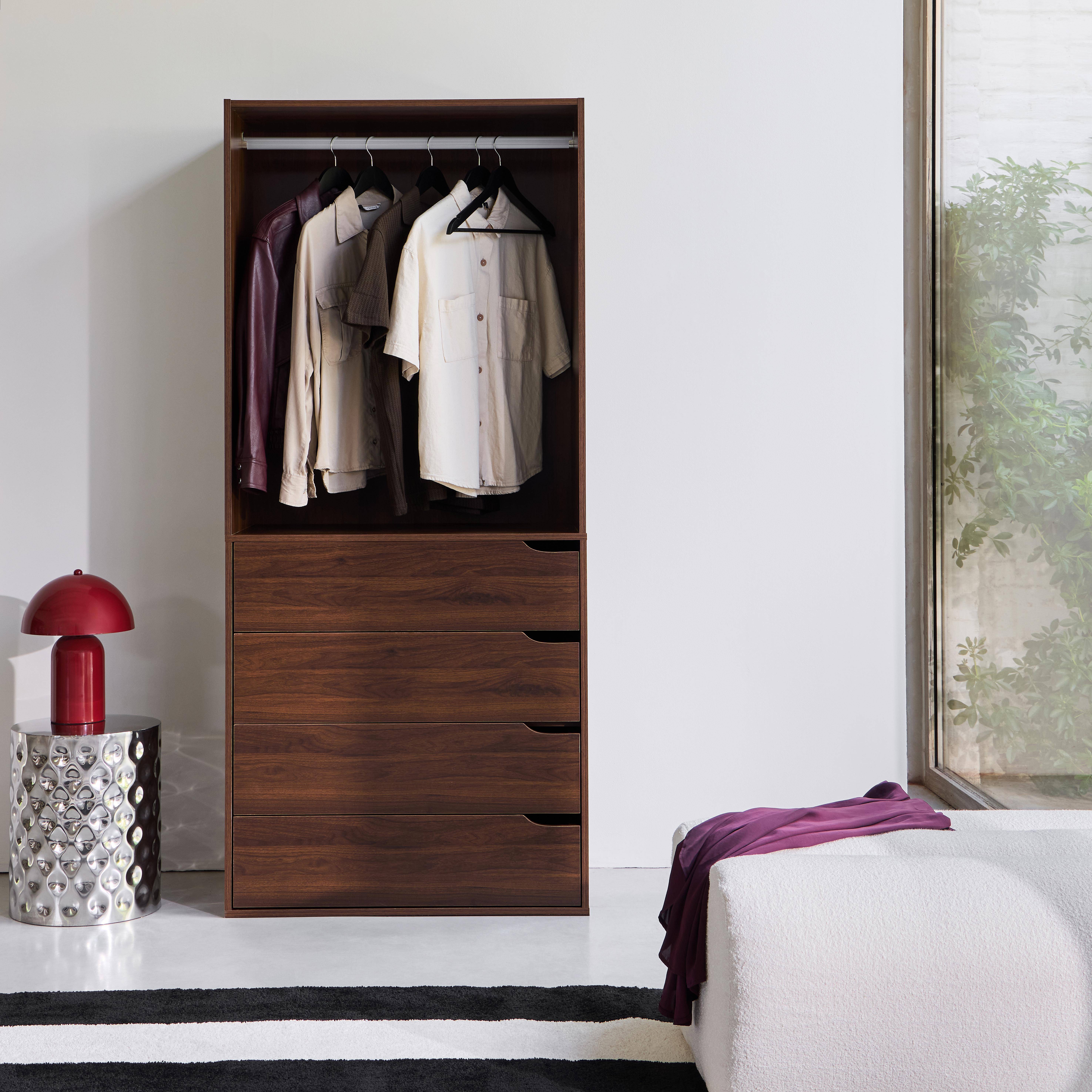 Módulo de vestidor decorado en madera con 4 cajones y 1 barra para colgar Nogal - 80x45x180 cm Photo1