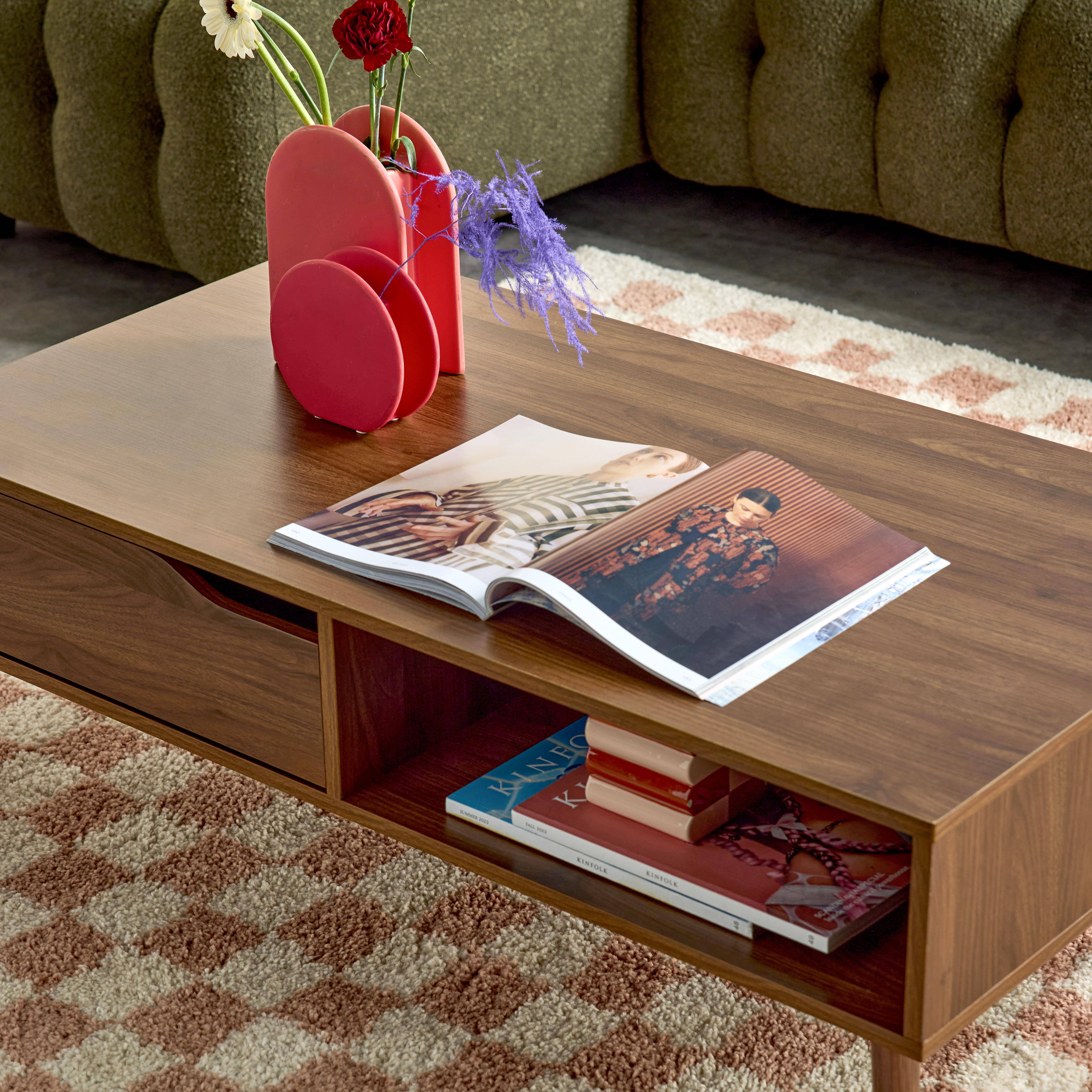 Vintage salontafel in walnootkleurig hout, 1 lade 2 vakken,sweeek,Photo2