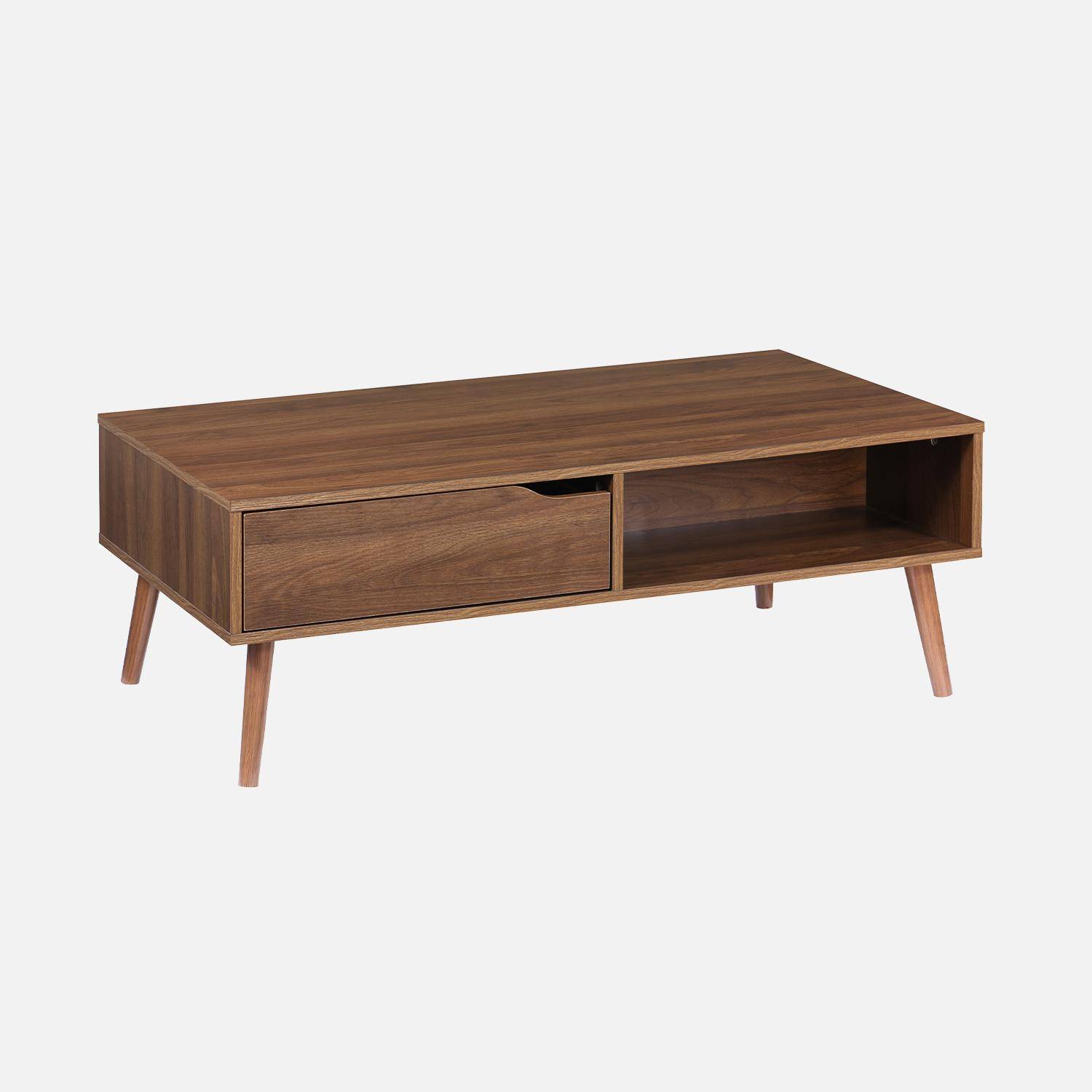 Vintage salontafel in walnootkleurig hout, 1 lade 2 vakken Photo4