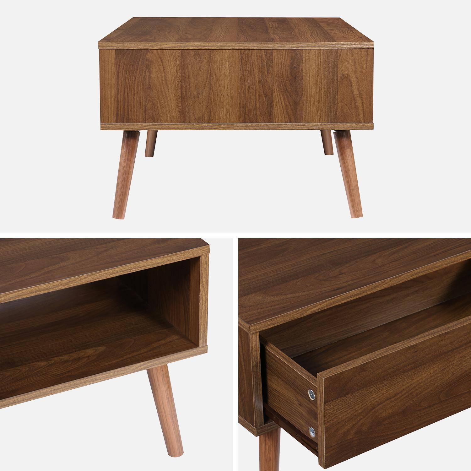 Vintage salontafel in walnootkleurig hout, 1 lade 2 vakken Photo5