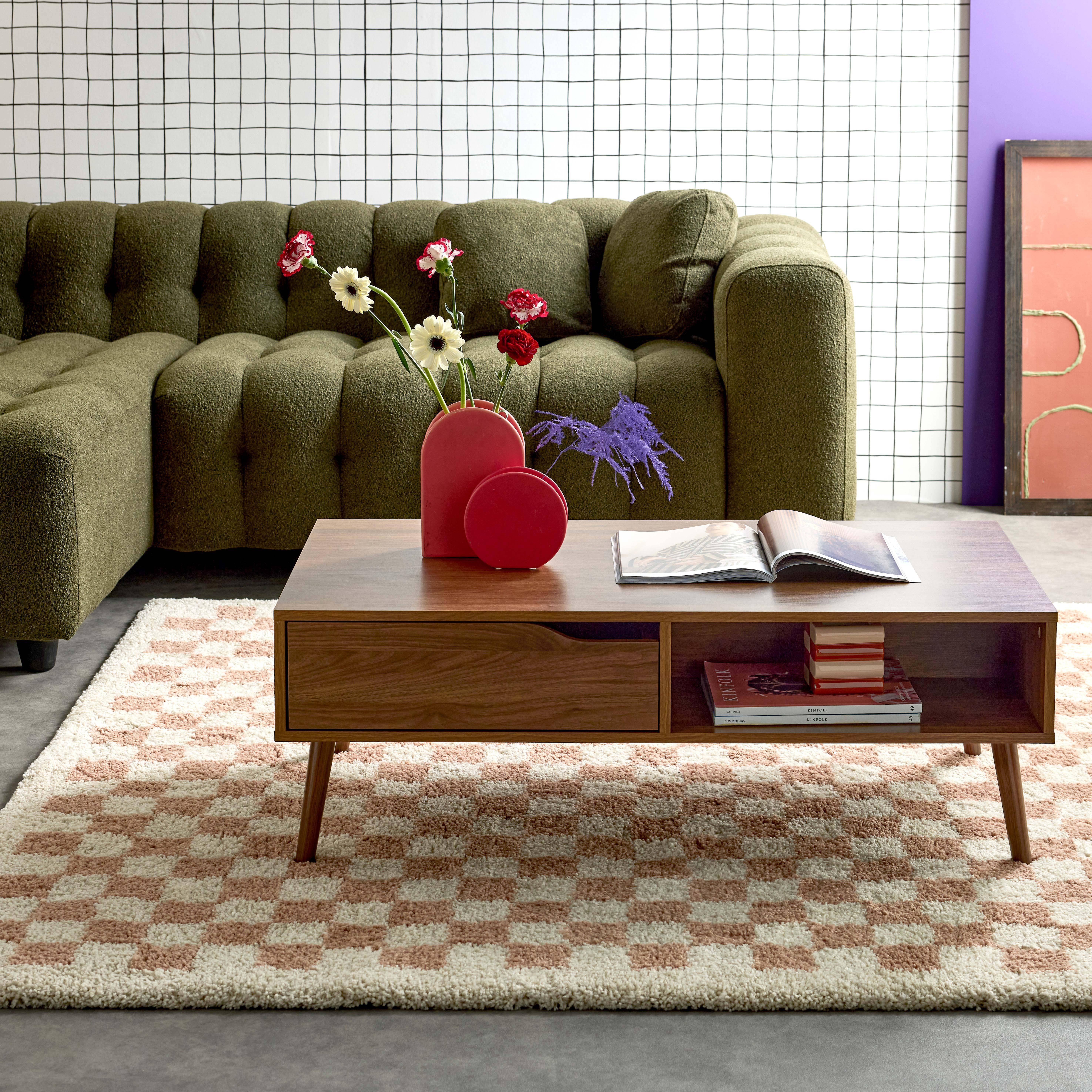 Vintage salontafel in walnootkleurig hout, 1 lade 2 vakken Photo1