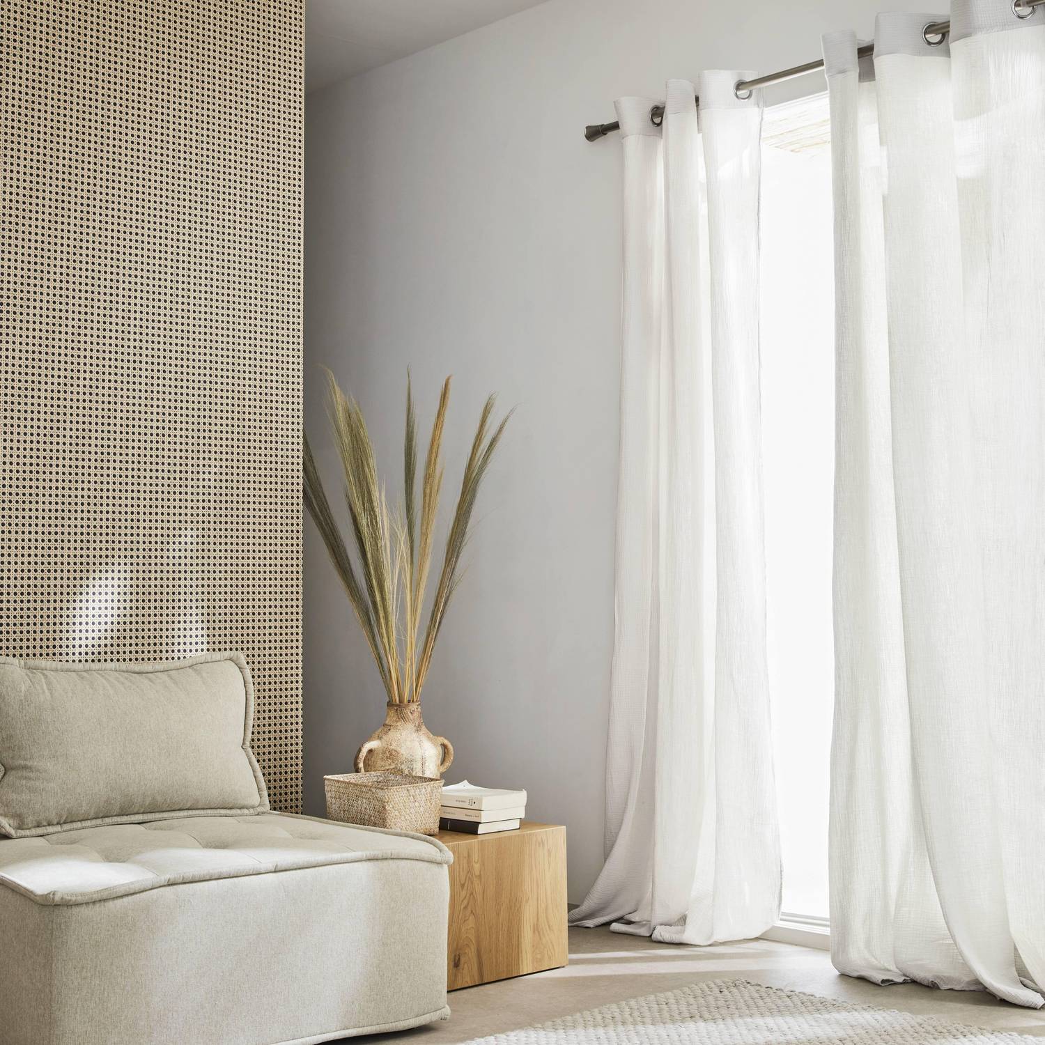 Set de 2 rideaux en gaze de coton blanc, tissu gaufré, 2x 135x240cm avec œillets  Photo1