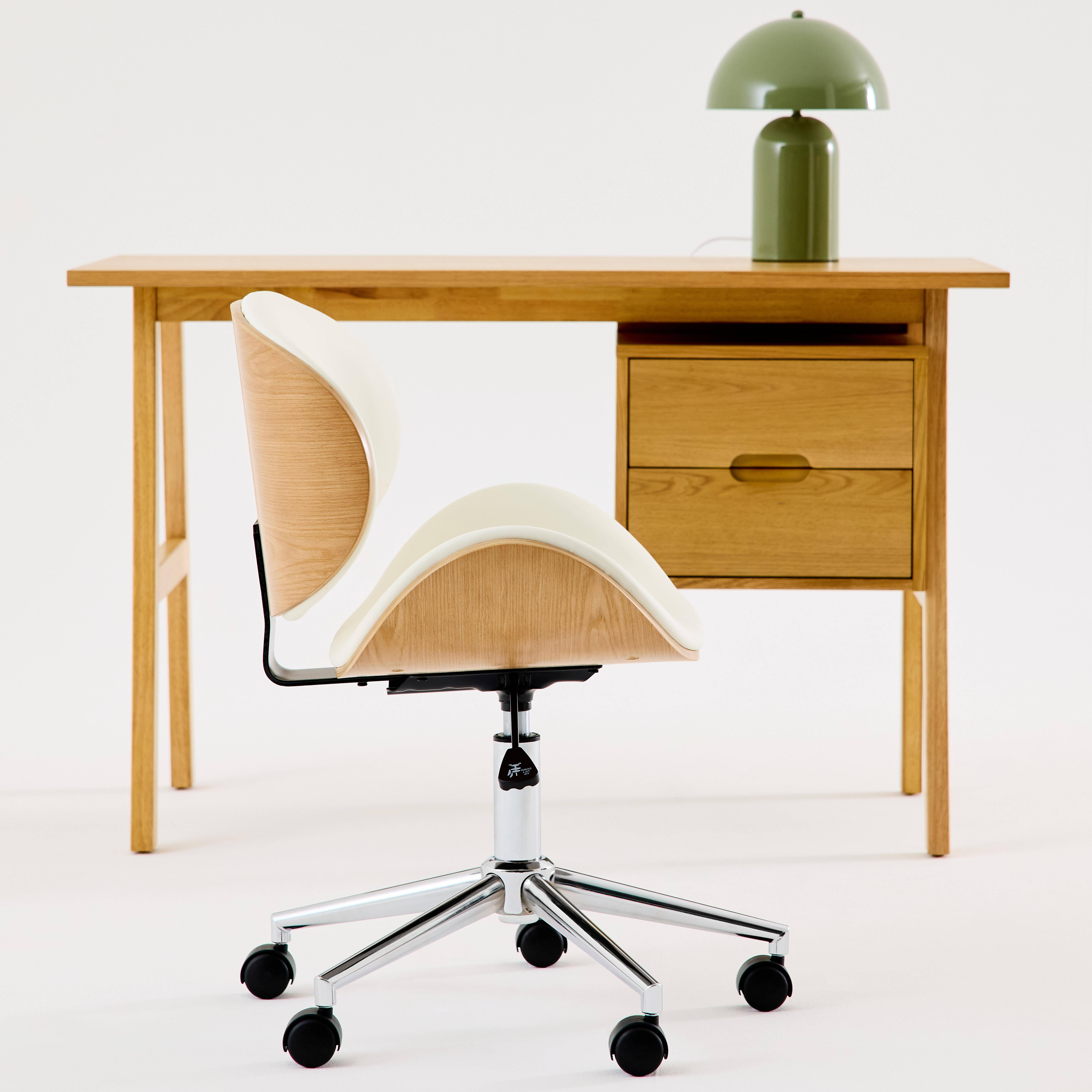 Chaise de bureau à roulettes bois courbé avec placage effet chêne et assise blanche ,sweeek,Photo1
