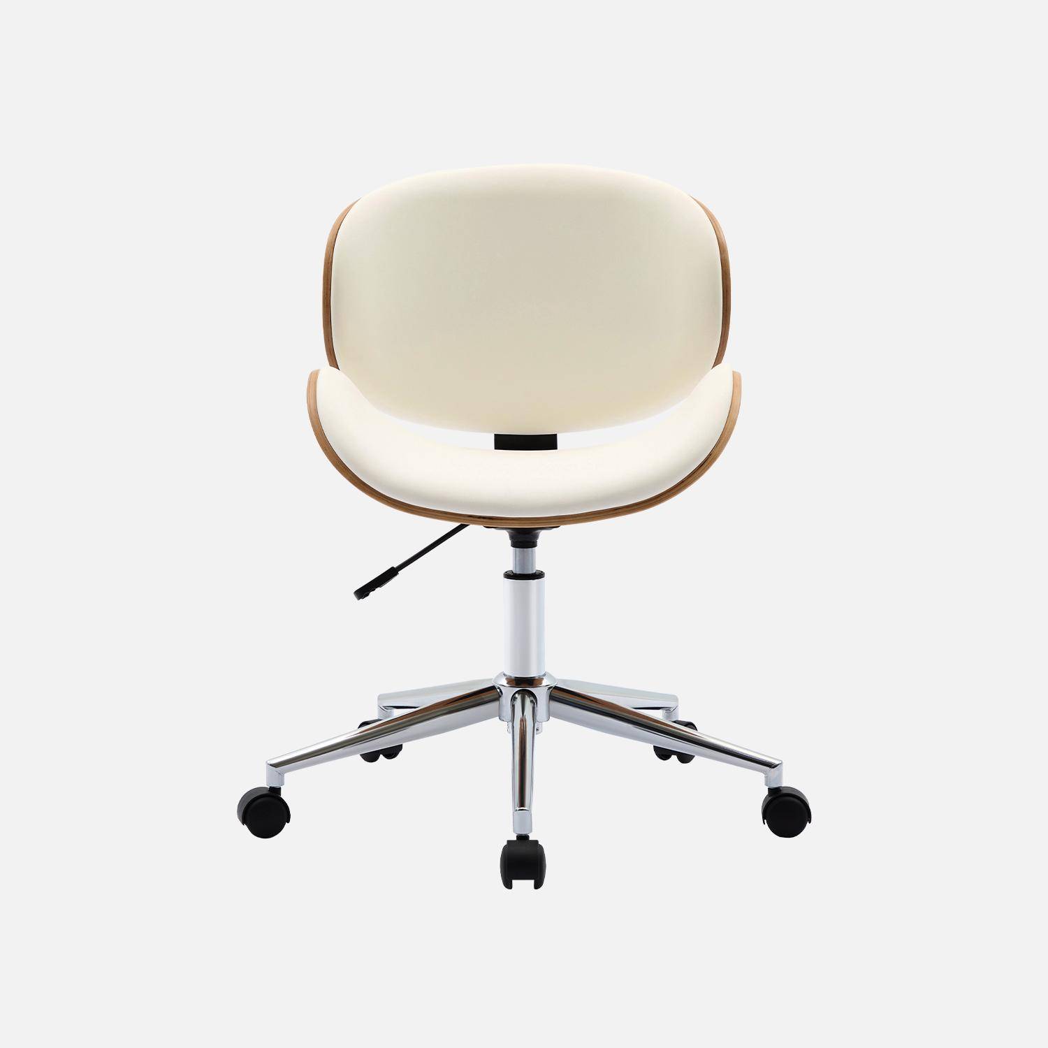 Chaise de bureau à roulettes bois courbé avec placage effet chêne et assise blanche  Photo2