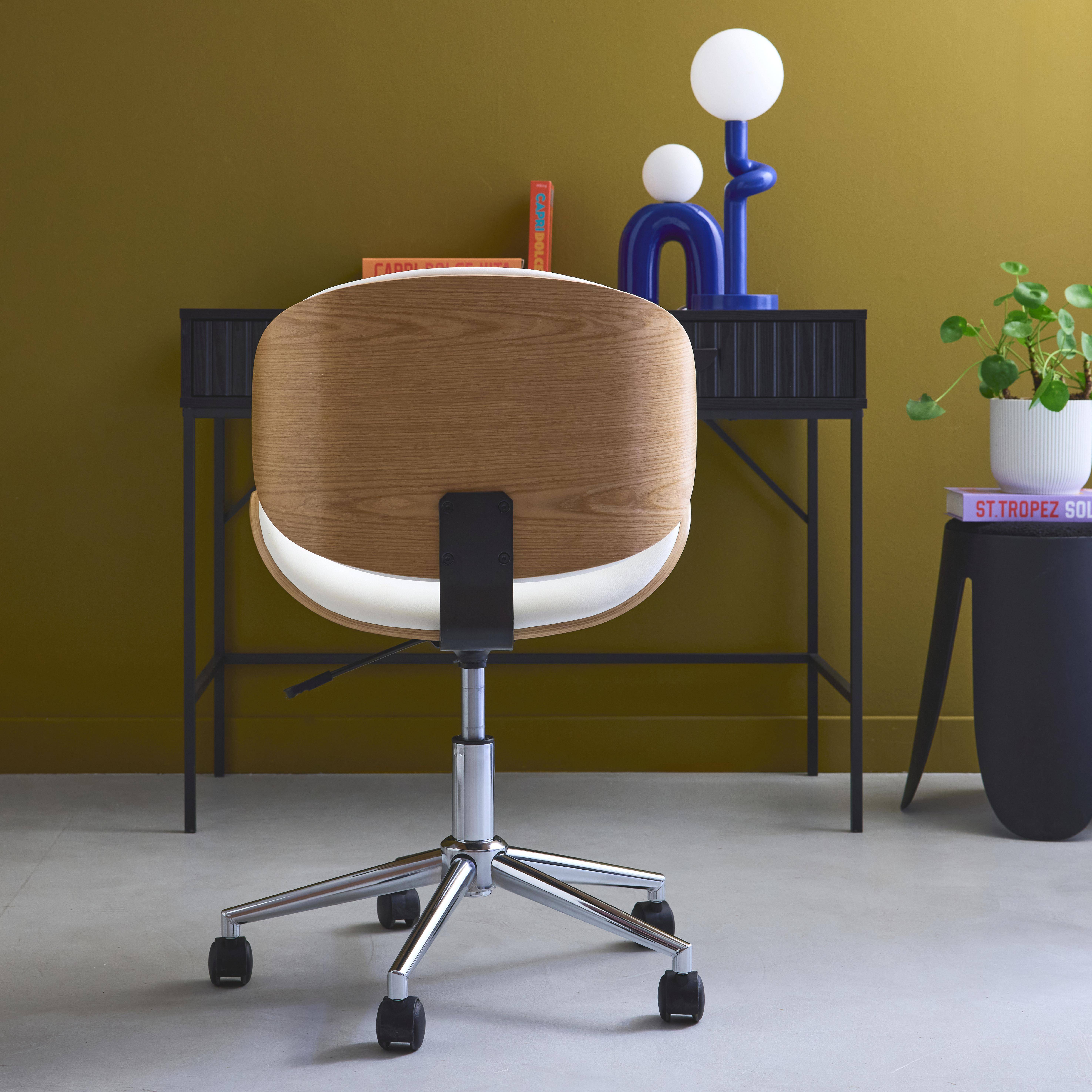 Chaise de bureau à roulettes bois courbé avec placage effet chêne et assise blanche  Photo4