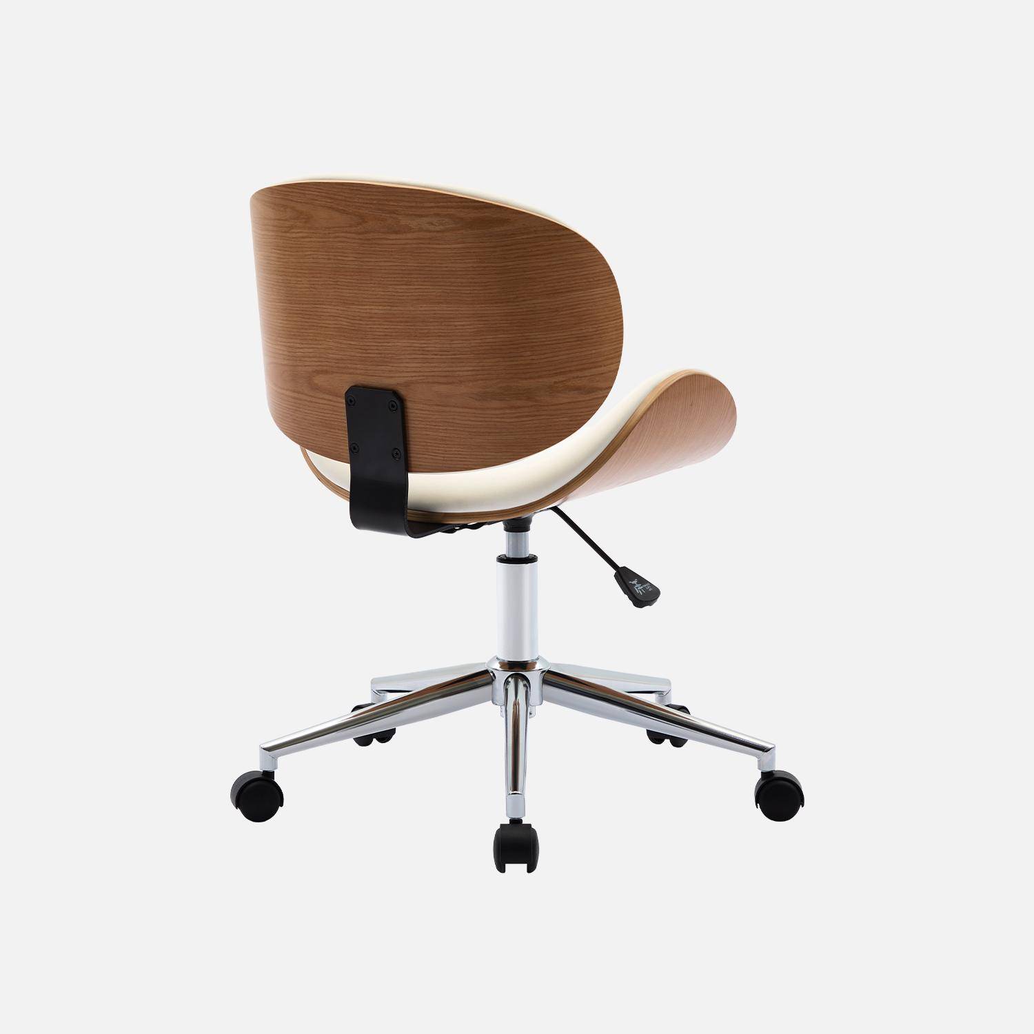 Chaise de bureau à roulettes bois courbé avec placage effet chêne et assise blanche  Photo3