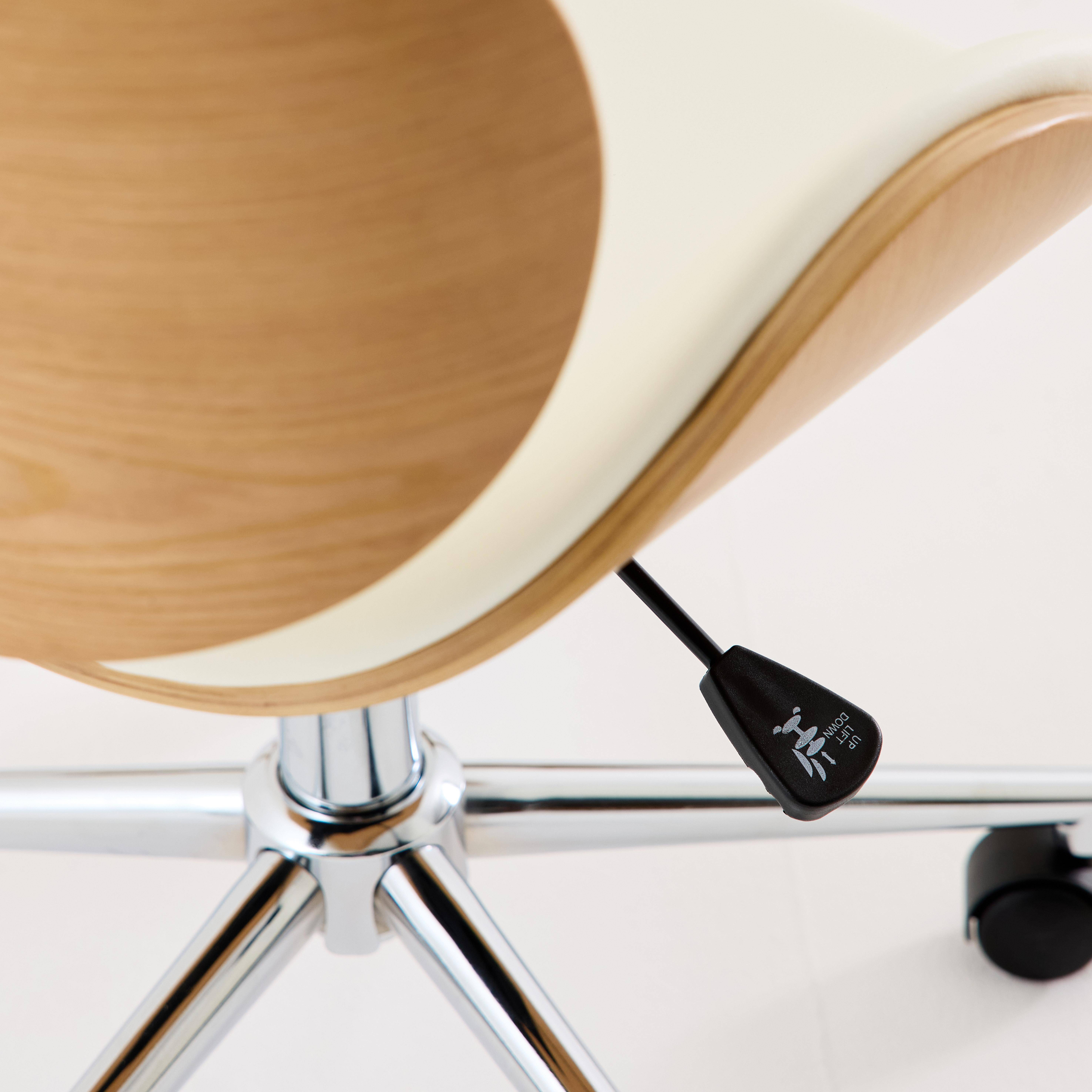 Chaise de bureau à roulettes bois courbé avec placage effet chêne et assise blanche  Photo4