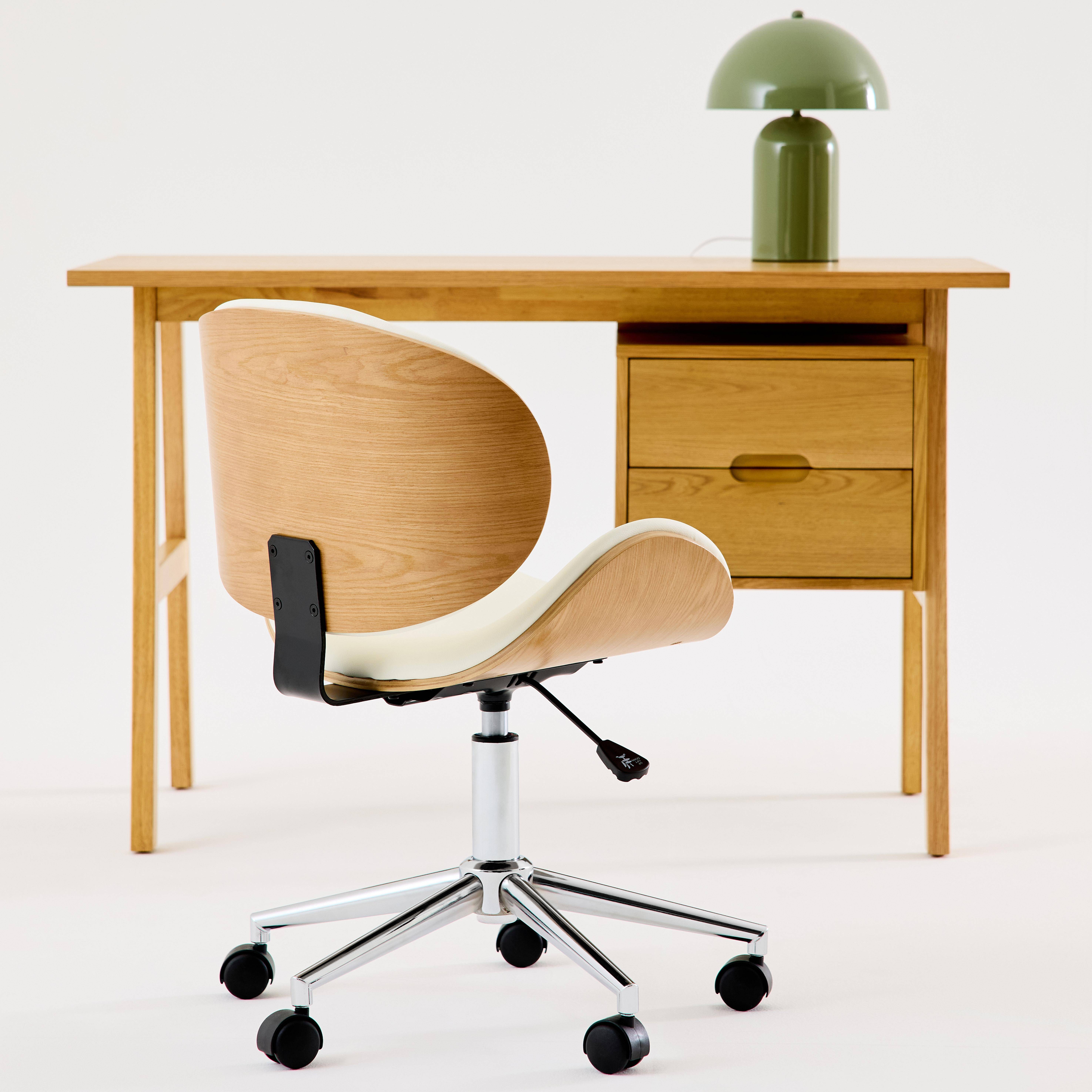 Chaise de bureau à roulettes bois courbé avec placage effet chêne et assise blanche  Photo3