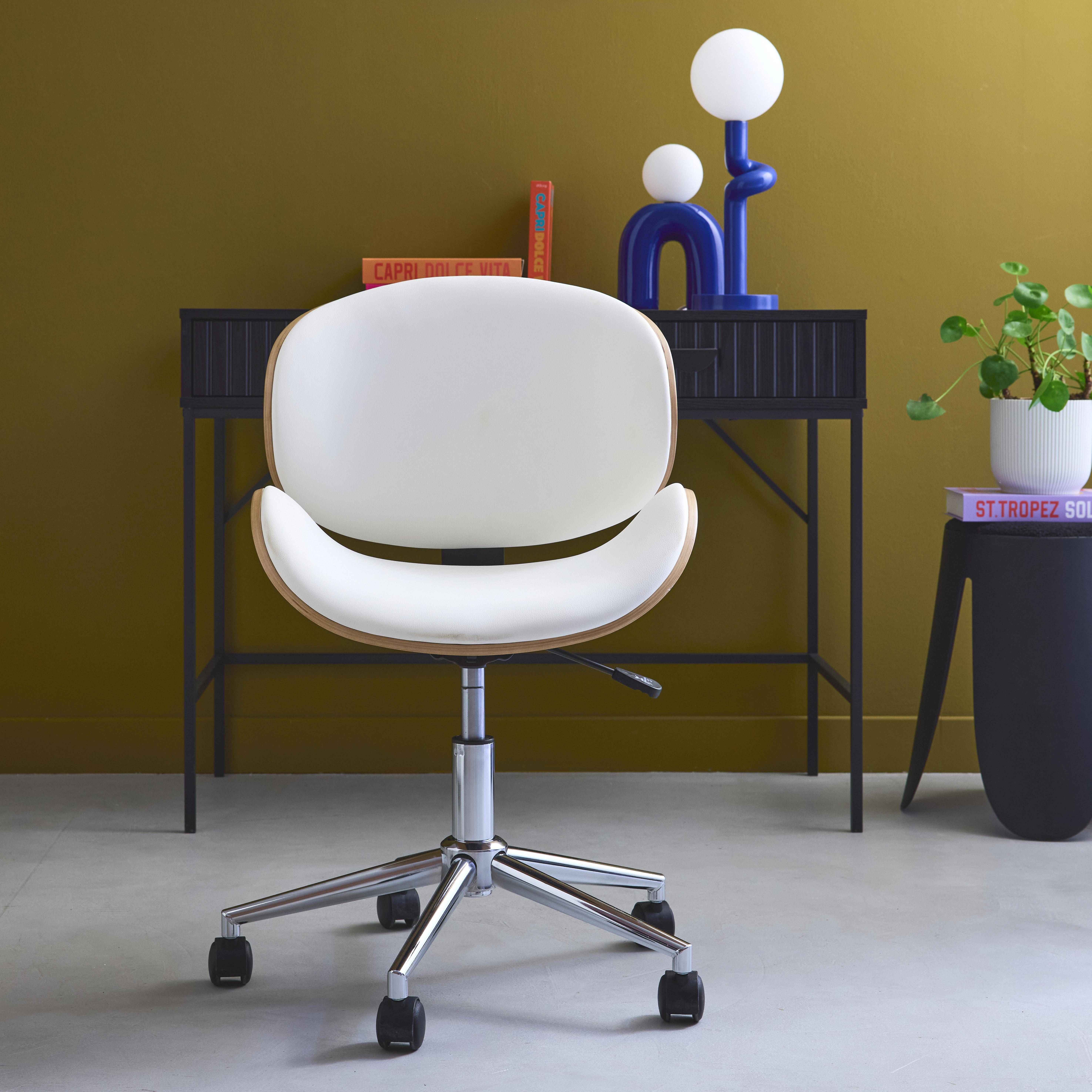 Chaise de bureau à roulettes bois courbé avec placage effet chêne et assise blanche ,sweeek,Photo1