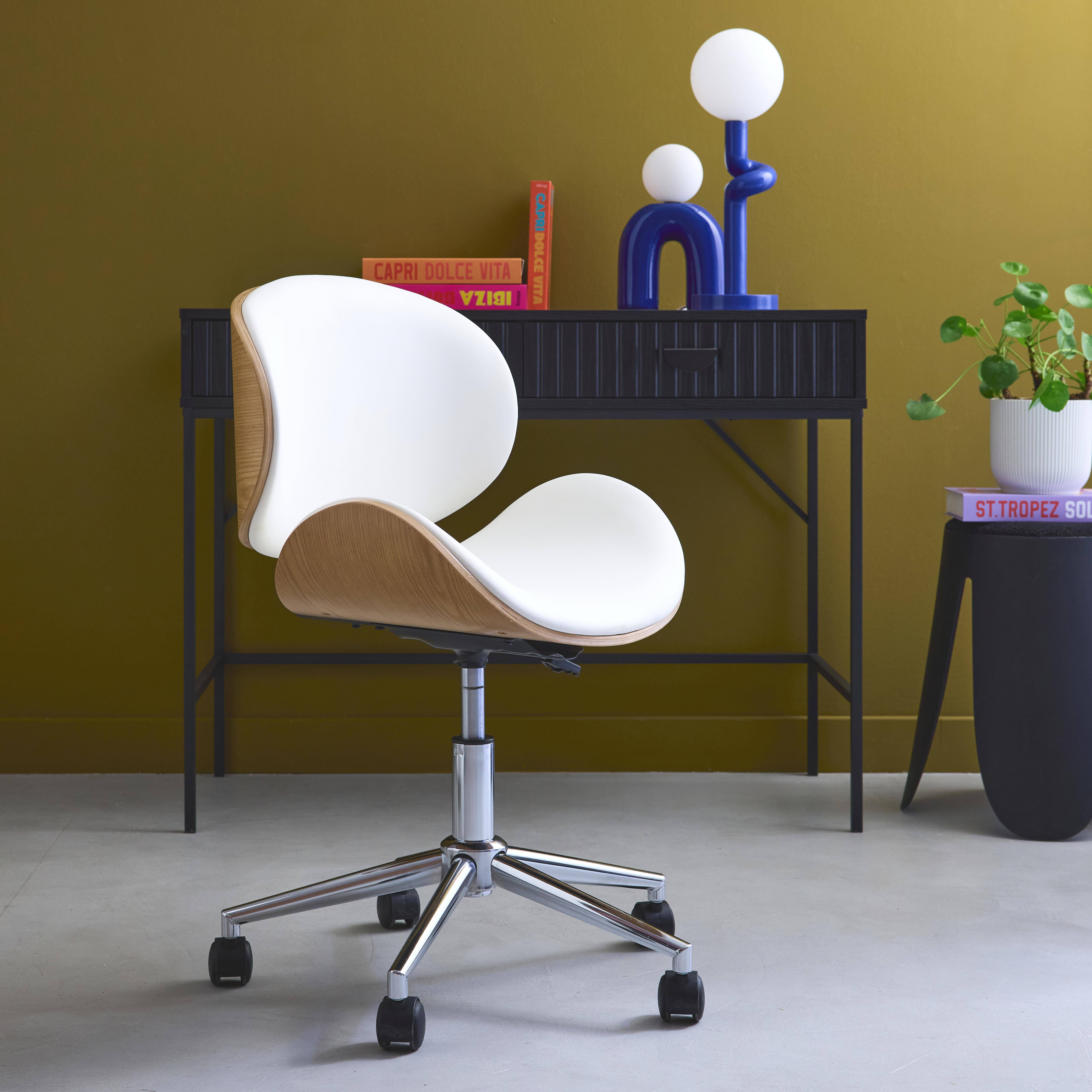 Chaise de bureau à roulettes bois courbé avec placage effet chêne et assise blanche ,sweeek,Photo3