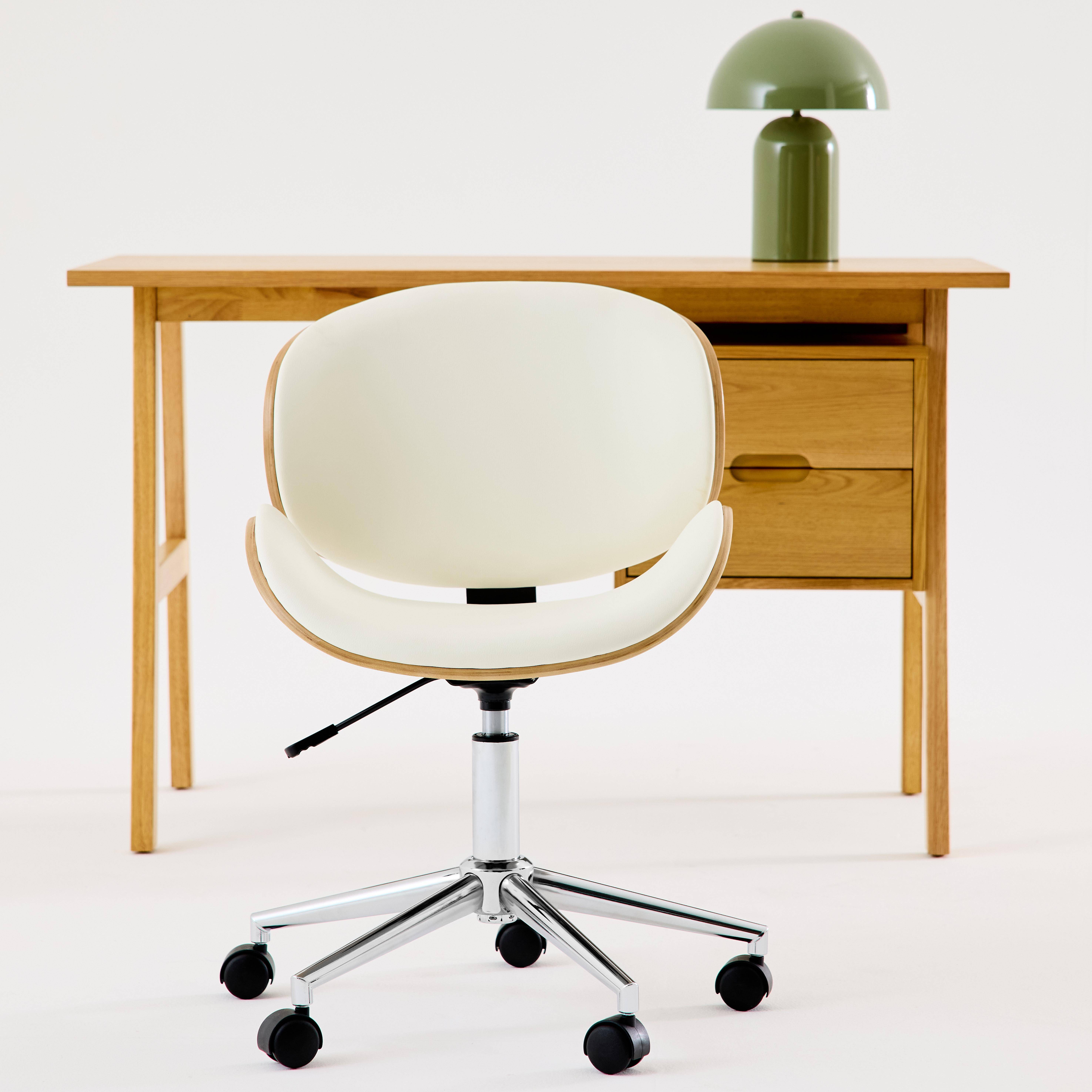 Chaise de bureau à roulettes bois courbé avec placage effet chêne et assise blanche  Photo2