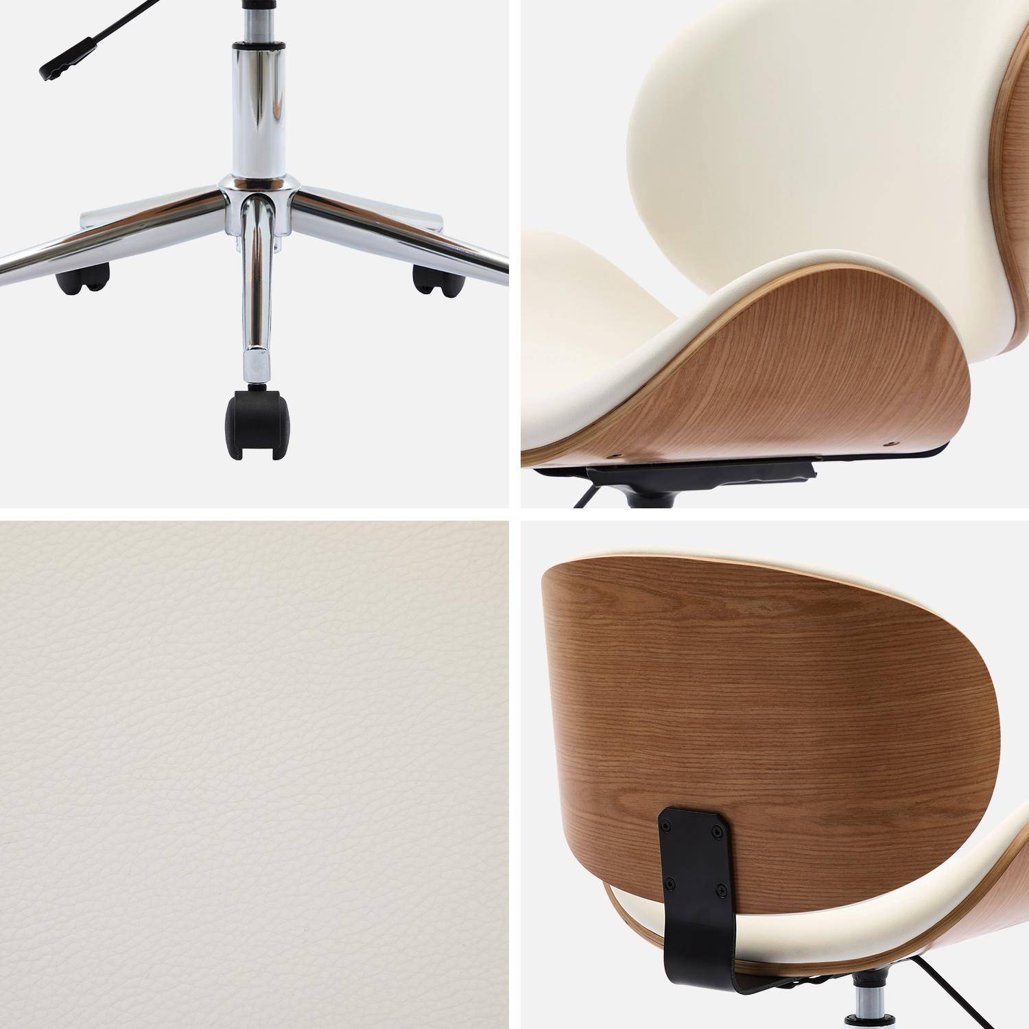 Chaise de bureau à roulettes bois courbé avec placage effet chêne et assise blanche  Photo4