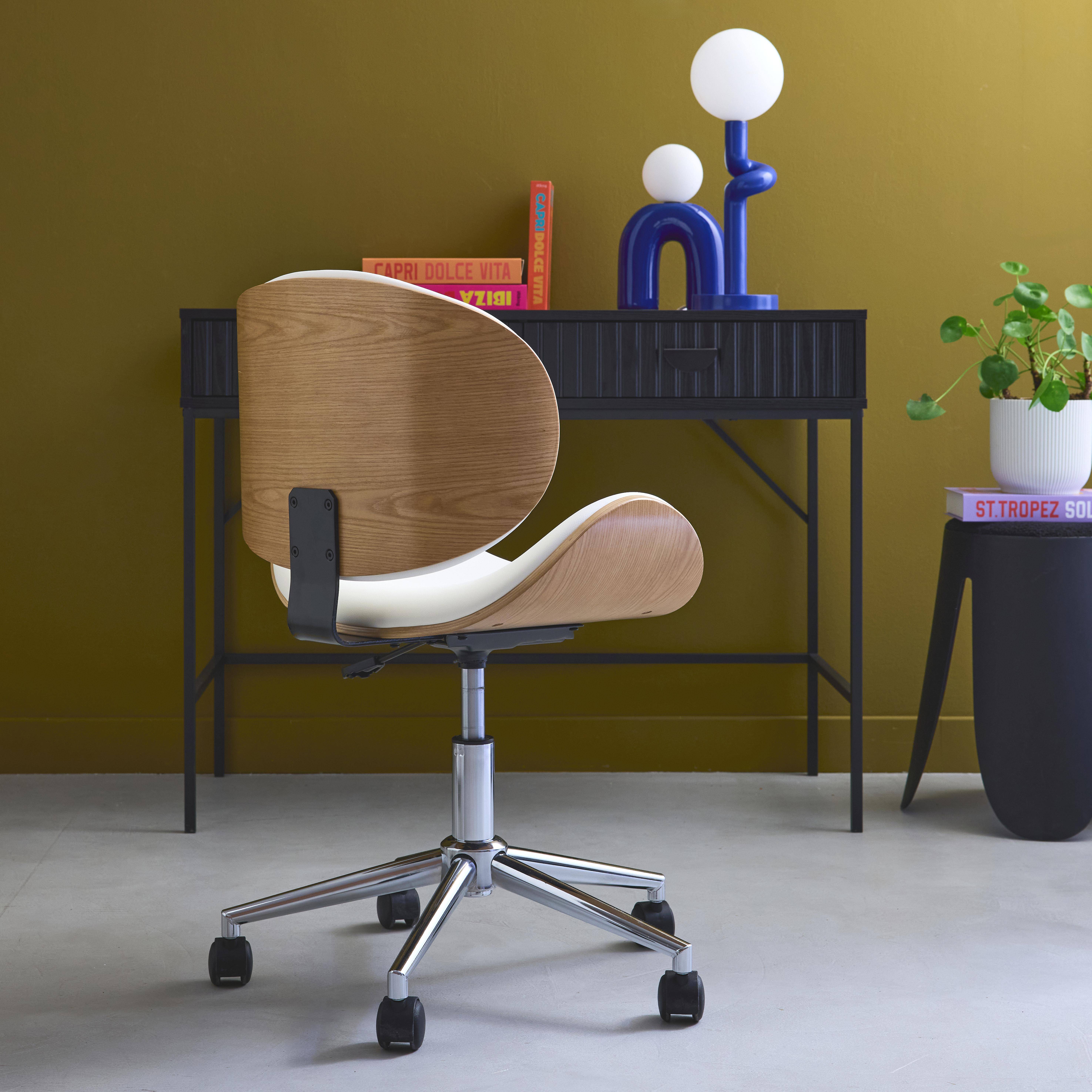 Chaise de bureau à roulettes bois courbé avec placage effet chêne et assise blanche  Photo2