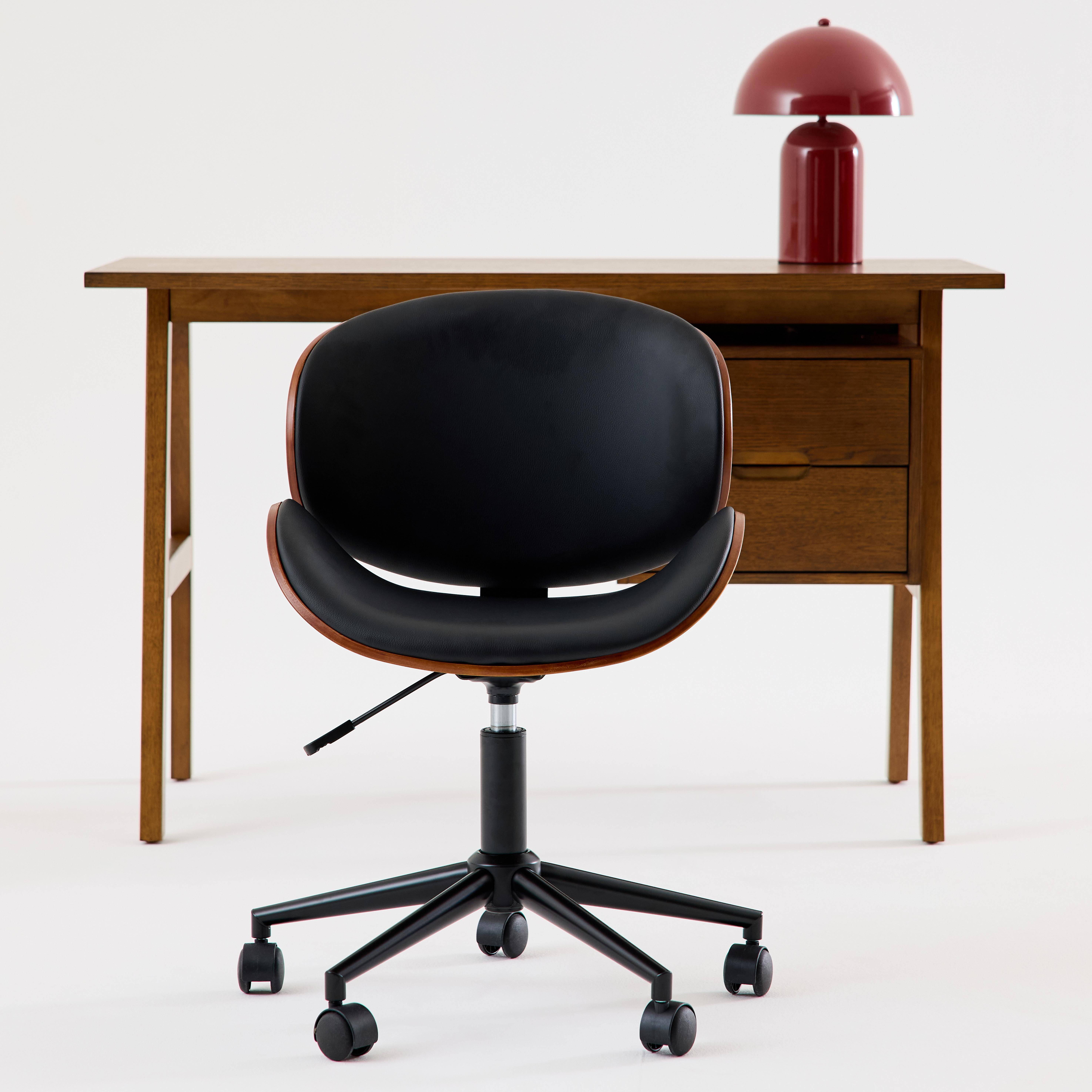 Silla de oficina con ruedas, madera curvada y acabado en polipiel, Dwight, Negro, 51x53x87 cm Photo3