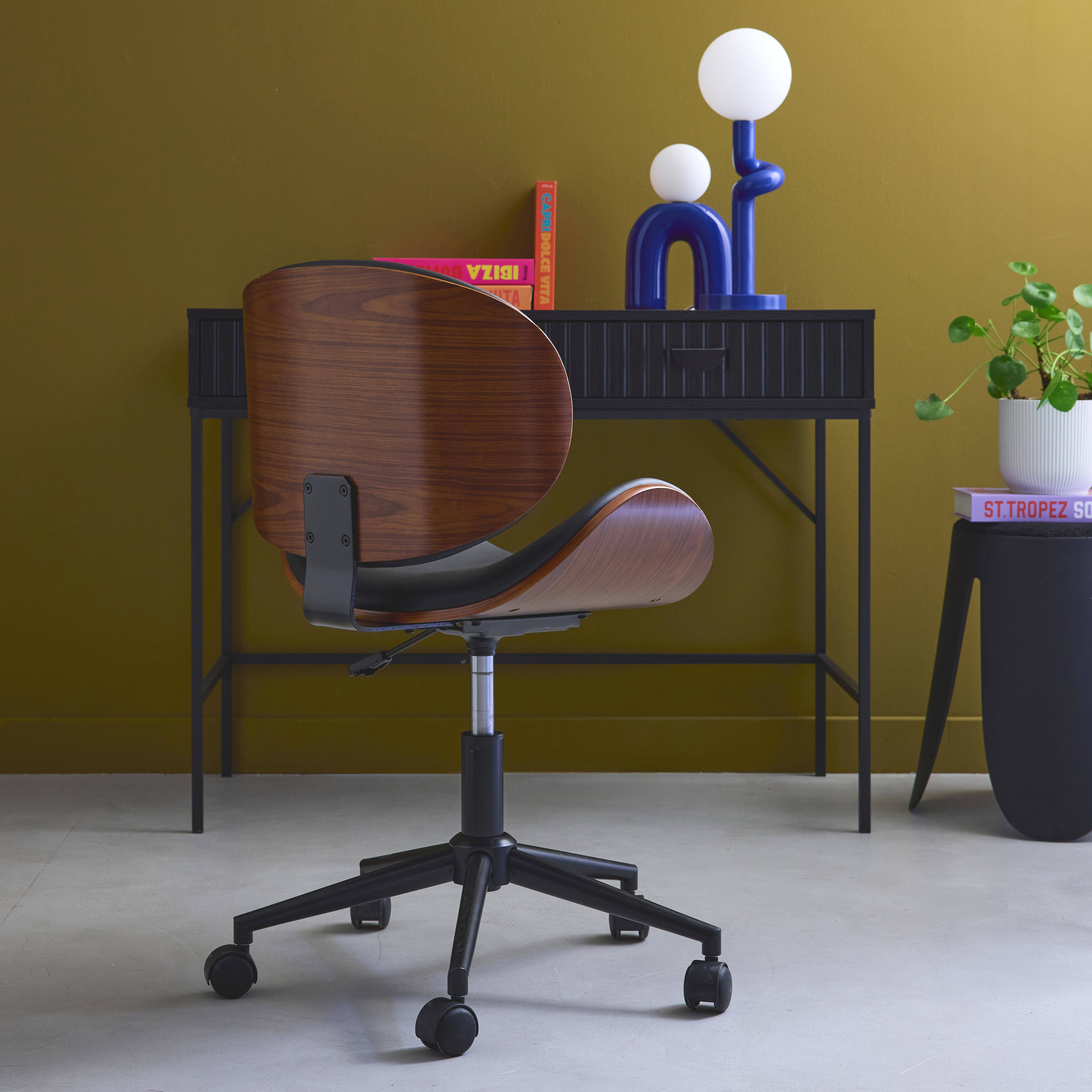 Chaise de bureau à roulettes bois courbé avec placage effet noyer et assise noire Photo2