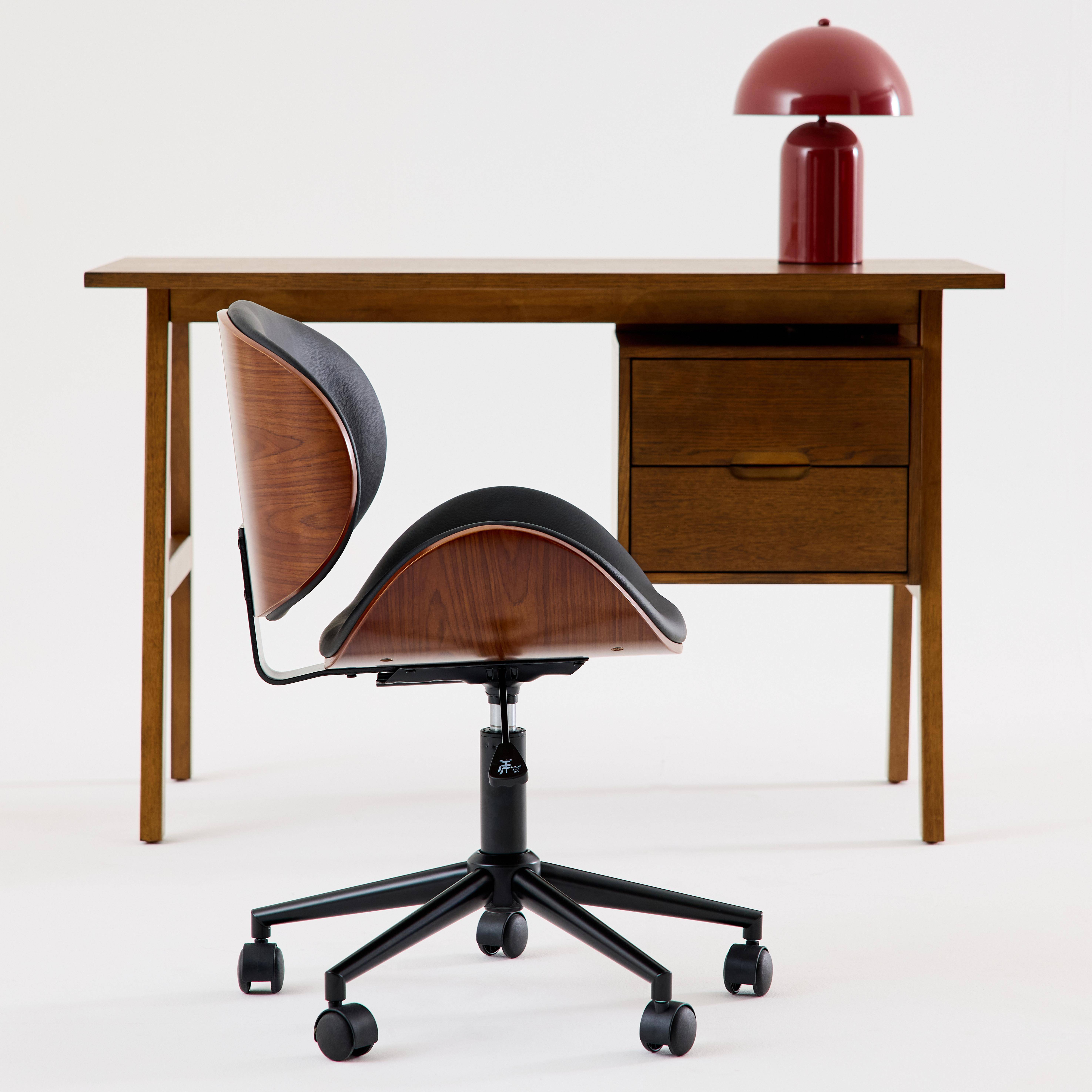 Silla de oficina con ruedas, madera curvada y acabado en polipiel, Dwight, Negro, 51x53x87 cm,sweeek,Photo4