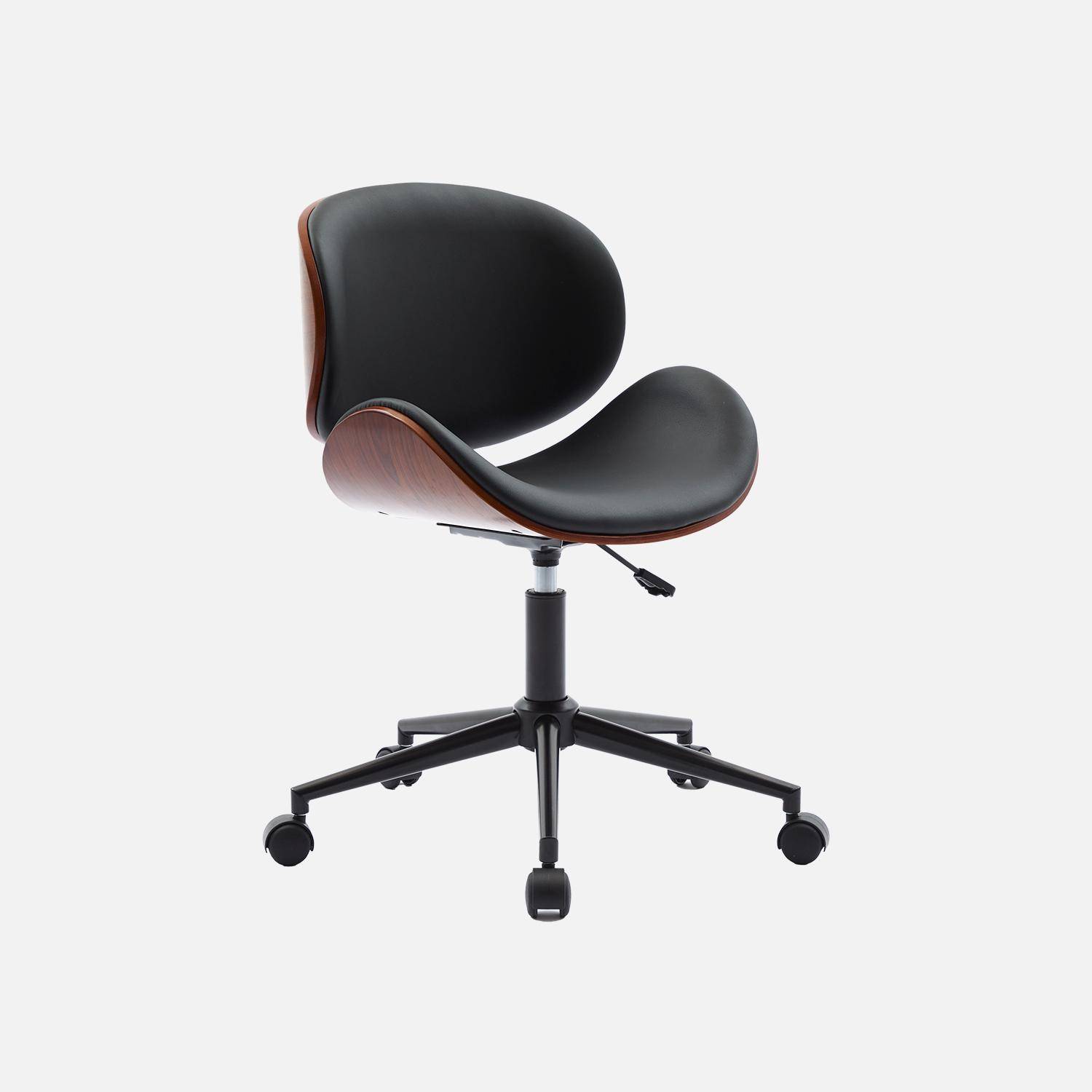 Silla de oficina con ruedas, madera curvada y acabado en polipiel, Dwight, Negro, 51x53x87 cm,sweeek,Photo5