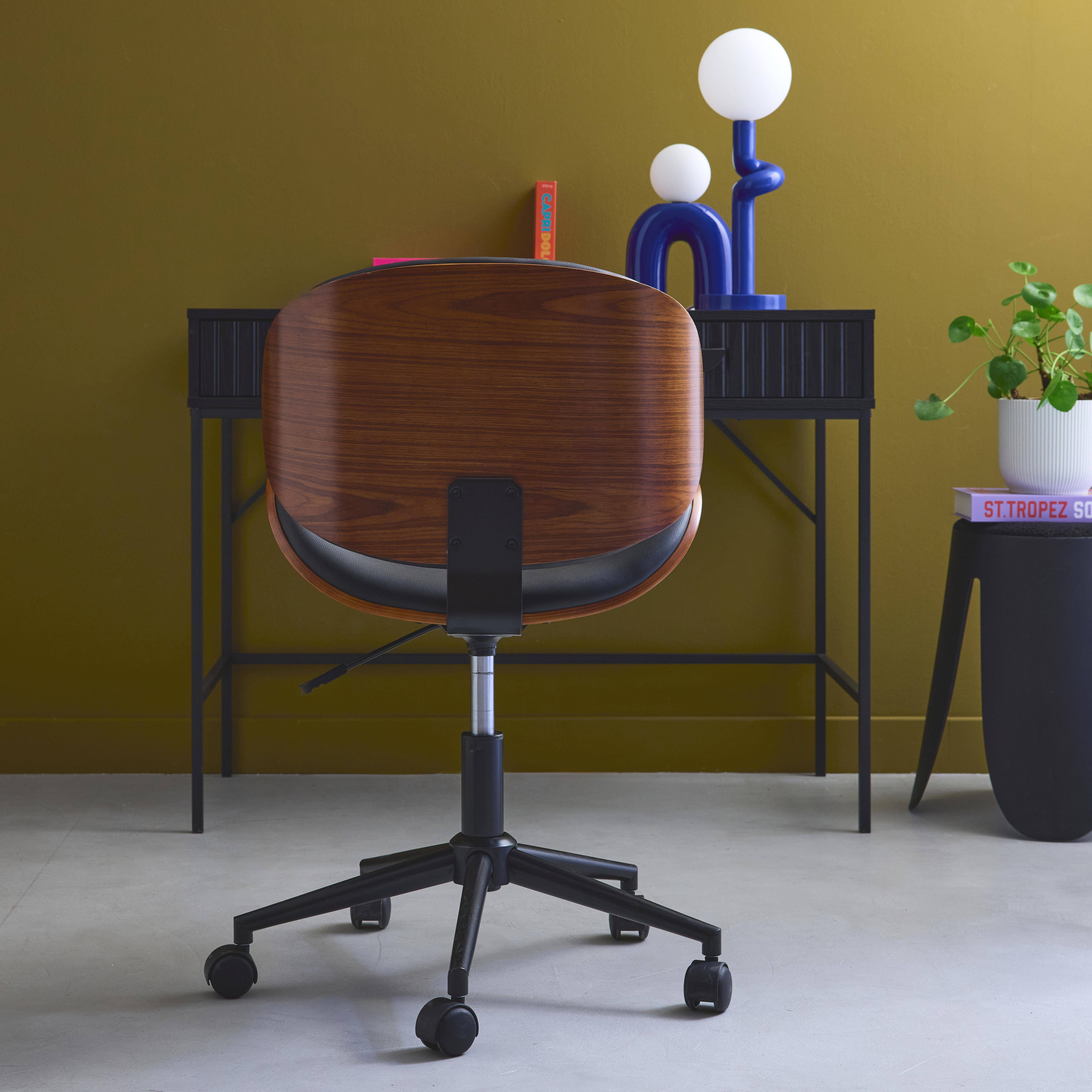 Chaise de bureau à roulettes bois courbé avec placage effet noyer et assise noire,sweeek,Photo3