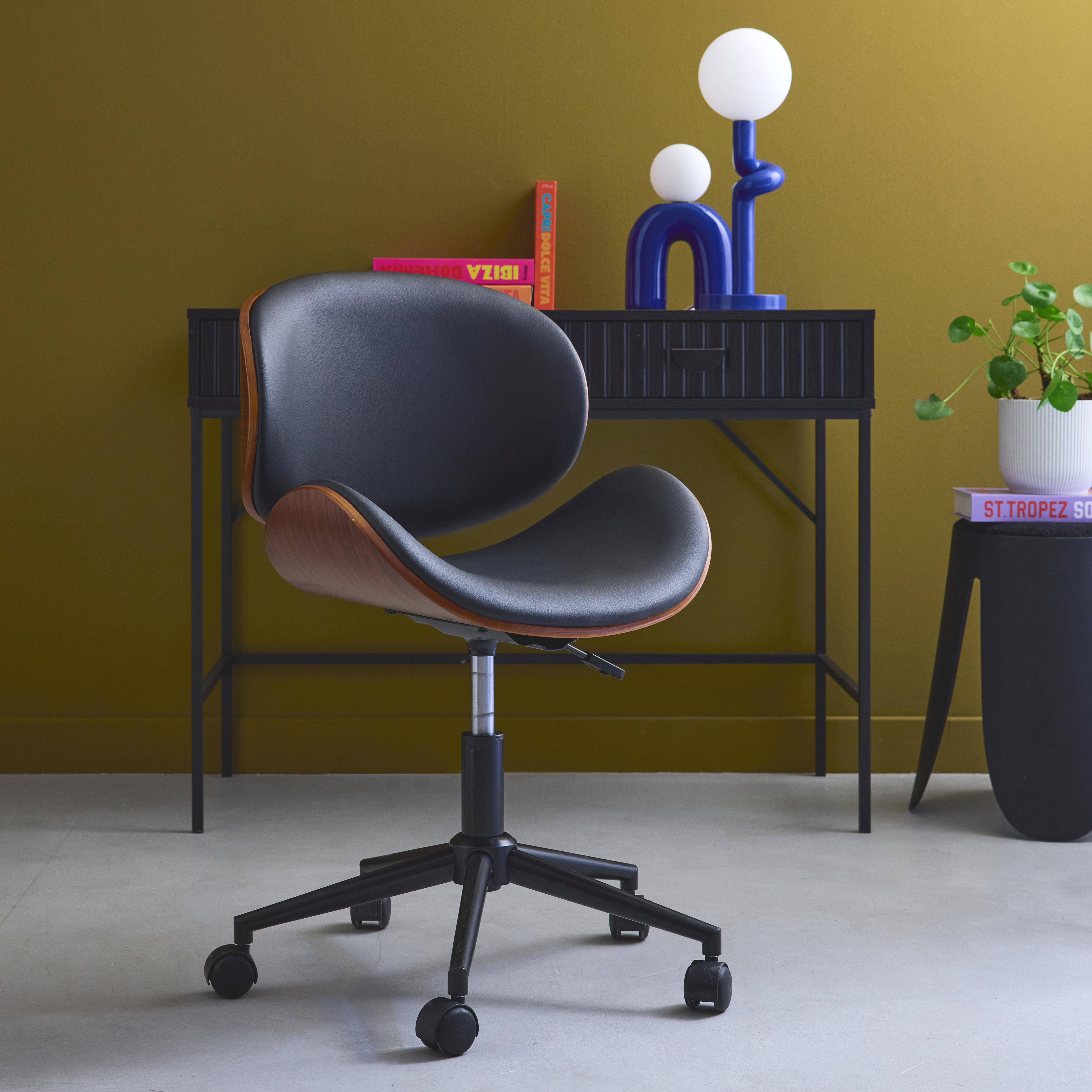 Chaise de bureau à roulettes bois courbé avec placage effet noyer et assise noire,sweeek,Photo4