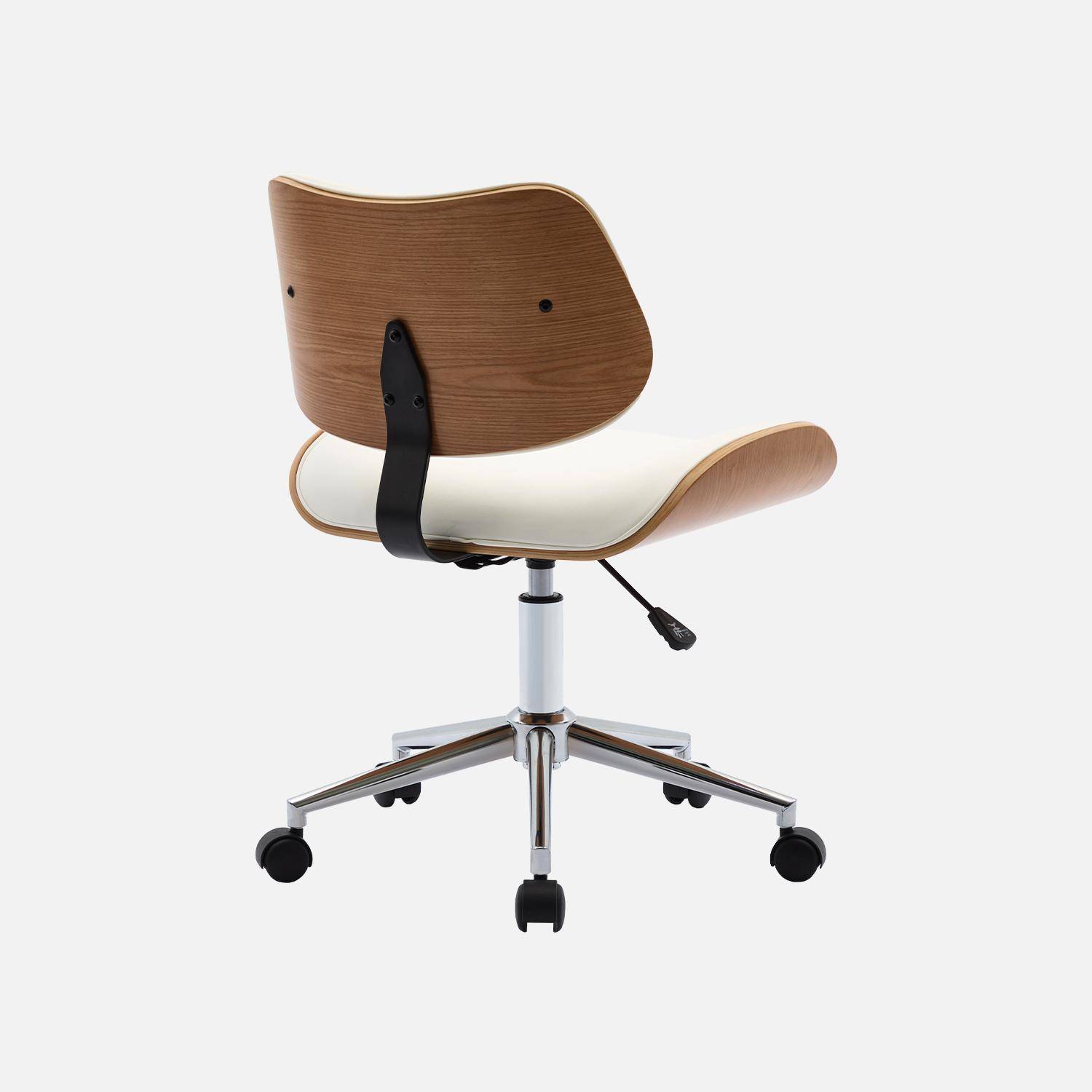 Chaise de bureau à roulettes décor bois courbé placage effet chêne et simili cuir blanc Photo3