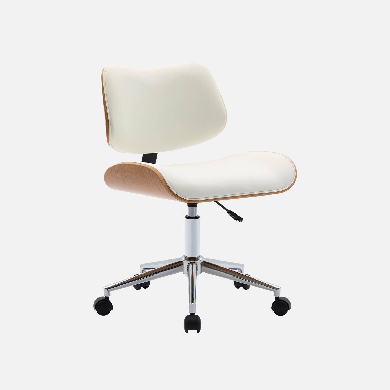 Chaise de bureau à roulettes décor bois courbé placage effet chêne et simili cuir blanc,sweeek,Photo1