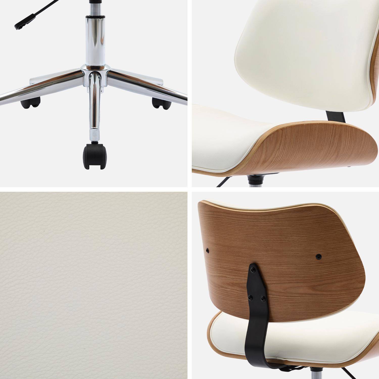 Chaise de bureau à roulettes décor bois courbé placage effet chêne et simili cuir blanc,sweeek,Photo4
