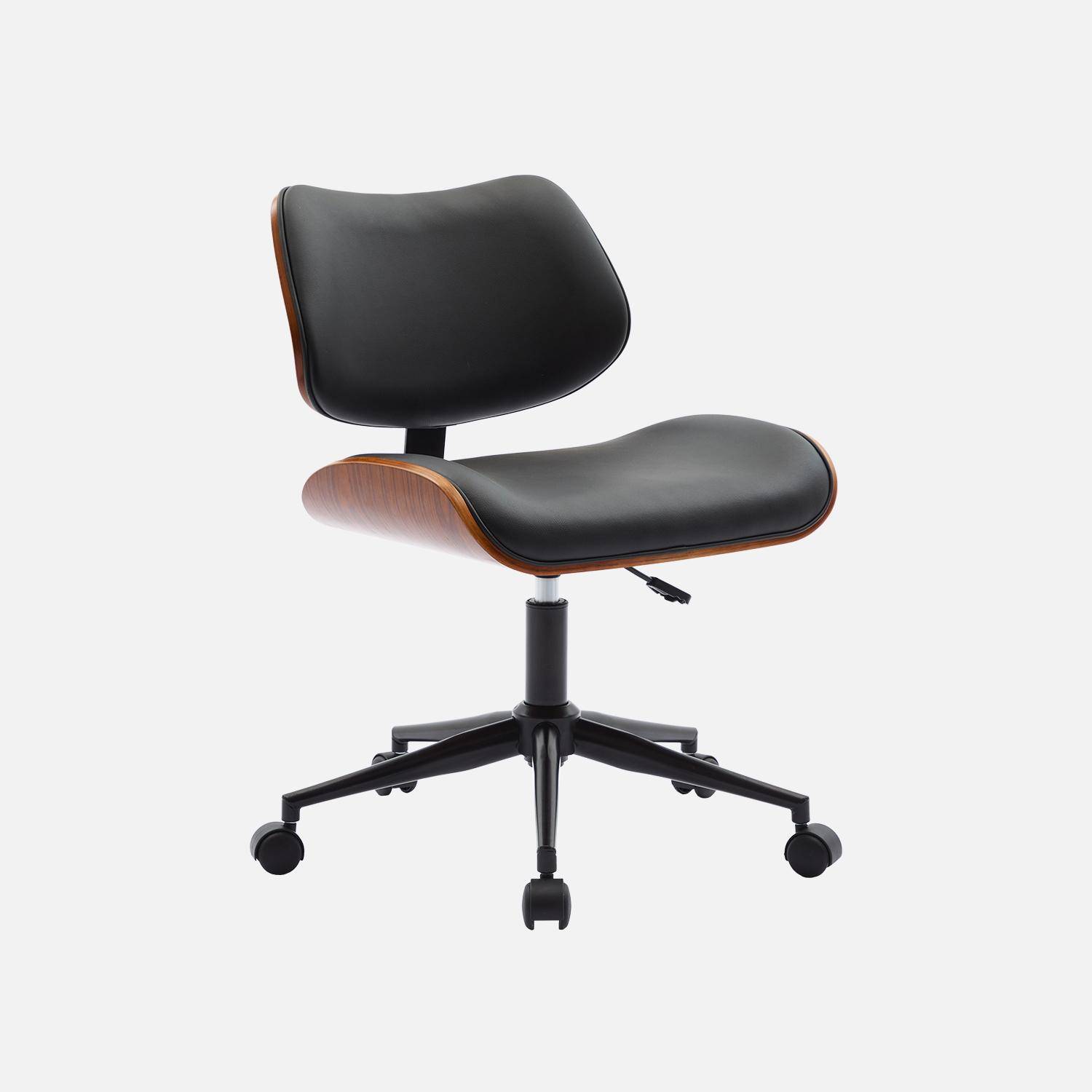 Bureaustoel met wielen, gebogen houtdecor, walnootfineer en zwart imitatieleer,sweeek,Photo5