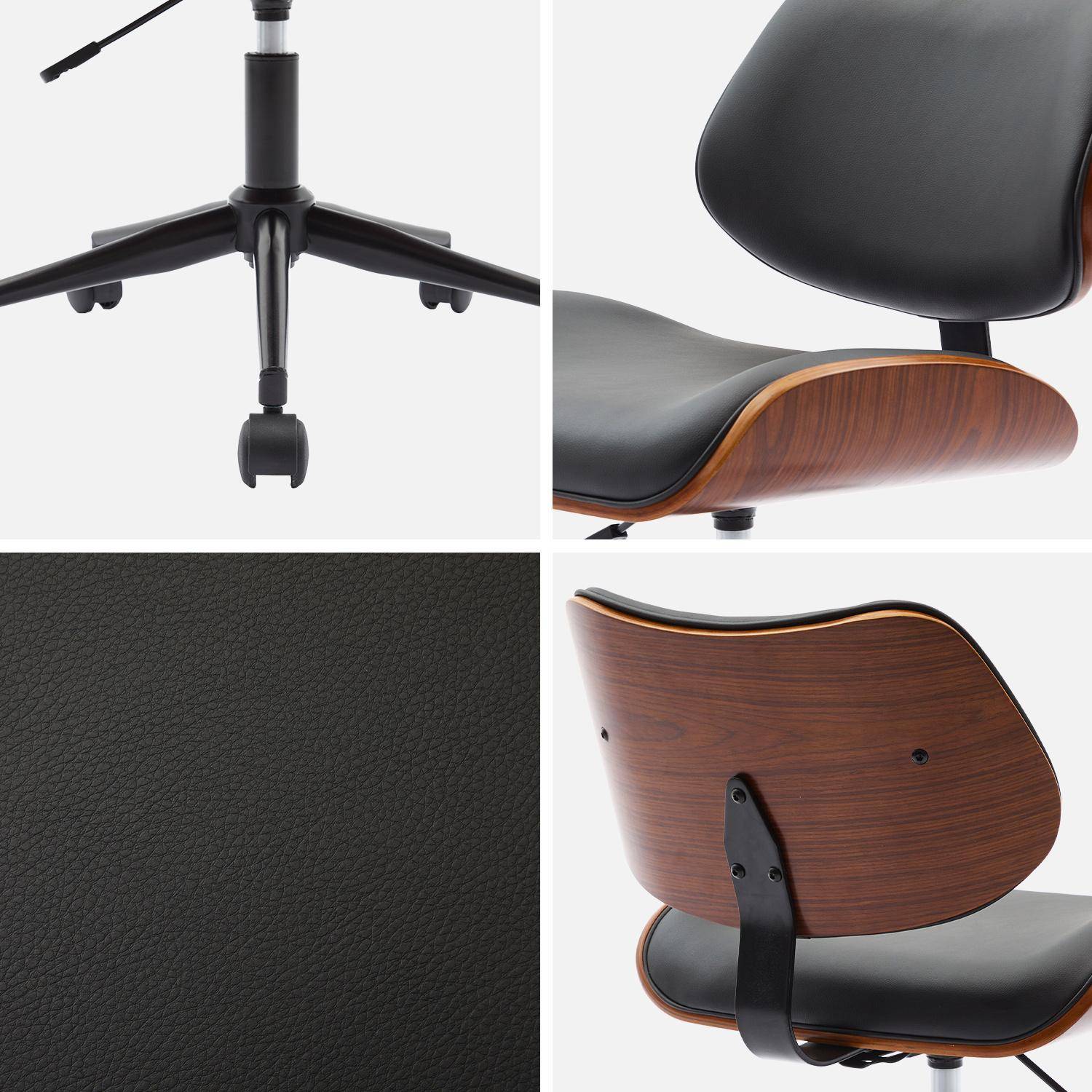 Bureaustoel met wielen, gebogen houtdecor, walnootfineer en zwart imitatieleer,sweeek,Photo6