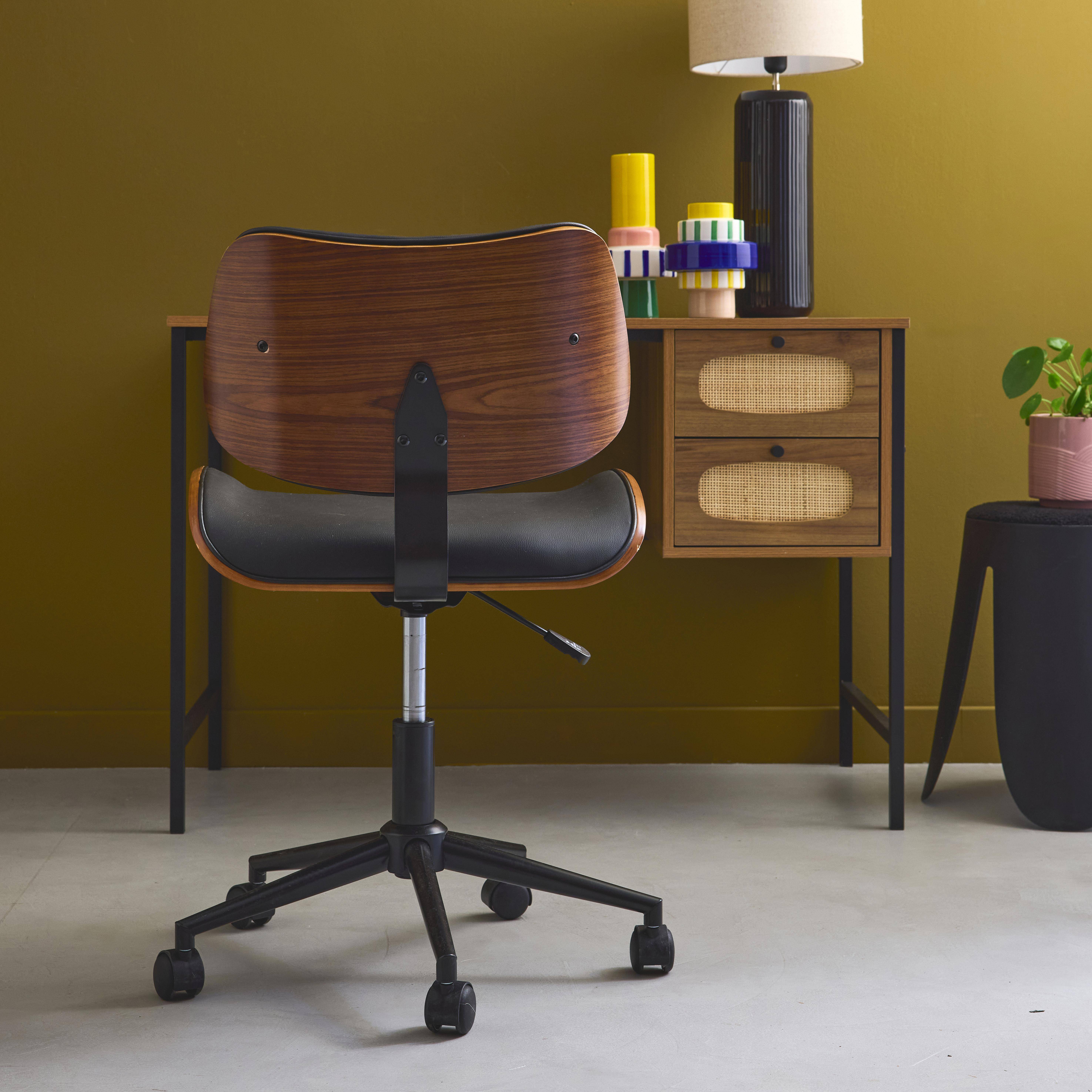 Bureaustoel met wielen, gebogen houtdecor, walnootfineer en zwart imitatieleer Photo4
