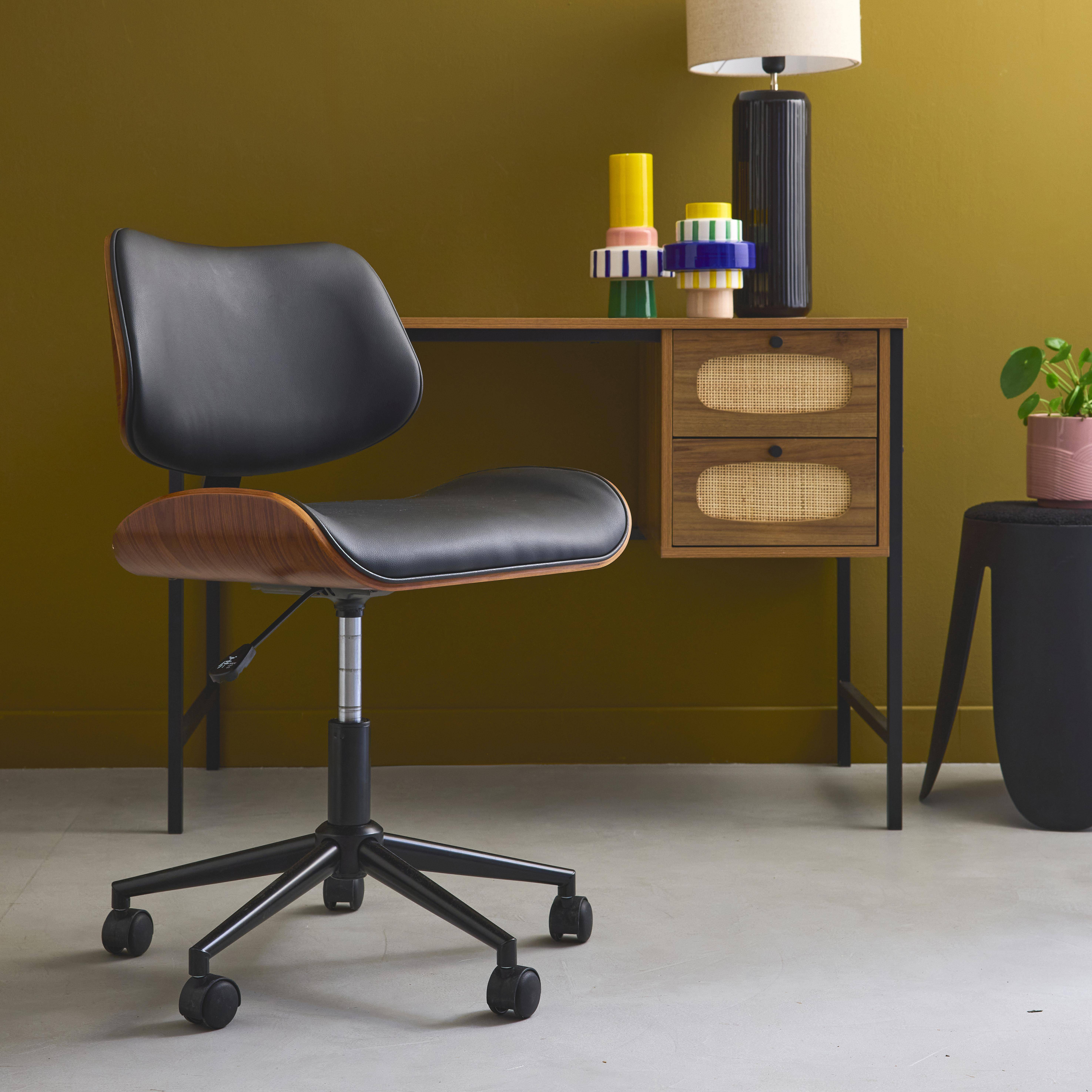 Bureaustoel met wielen, gebogen houtdecor, walnootfineer en zwart imitatieleer Photo3