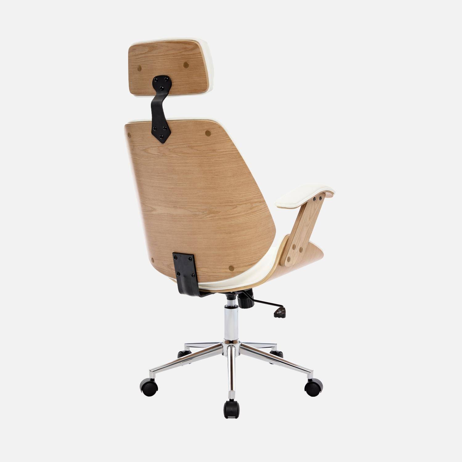 Bureaustoel met wielen, gebogen houten decor, eikenfineer en wit kunstleer Photo5