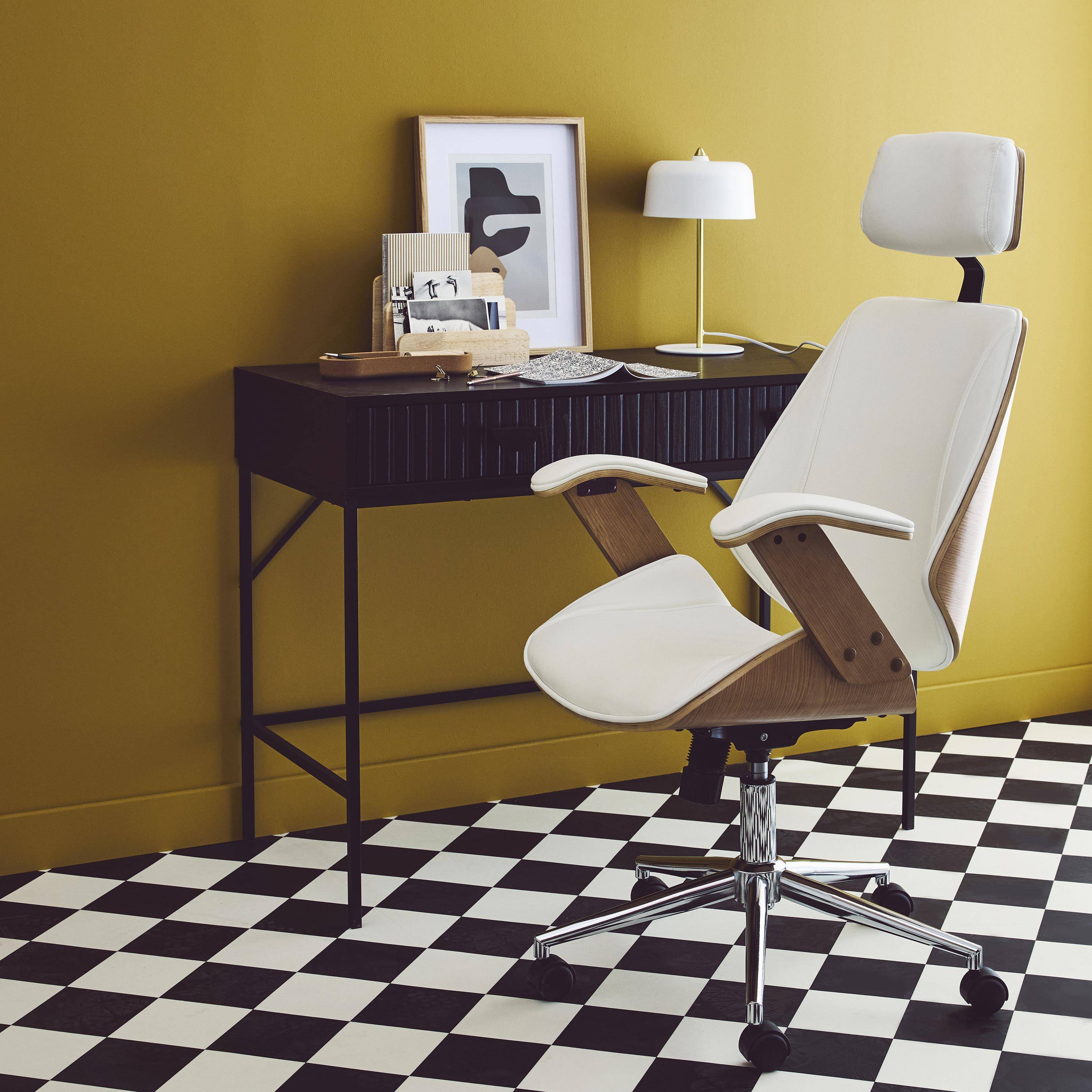 Bureaustoel met wielen, gebogen houten decor, eikenfineer en wit kunstleer Photo1