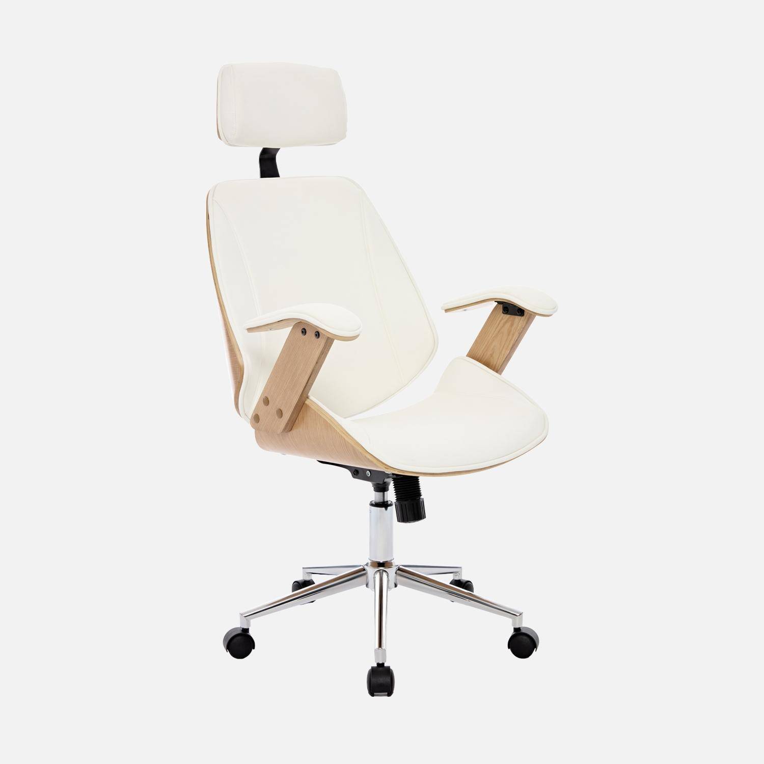 Bureaustoel met wielen, gebogen houten decor, eikenfineer en wit kunstleer Photo3