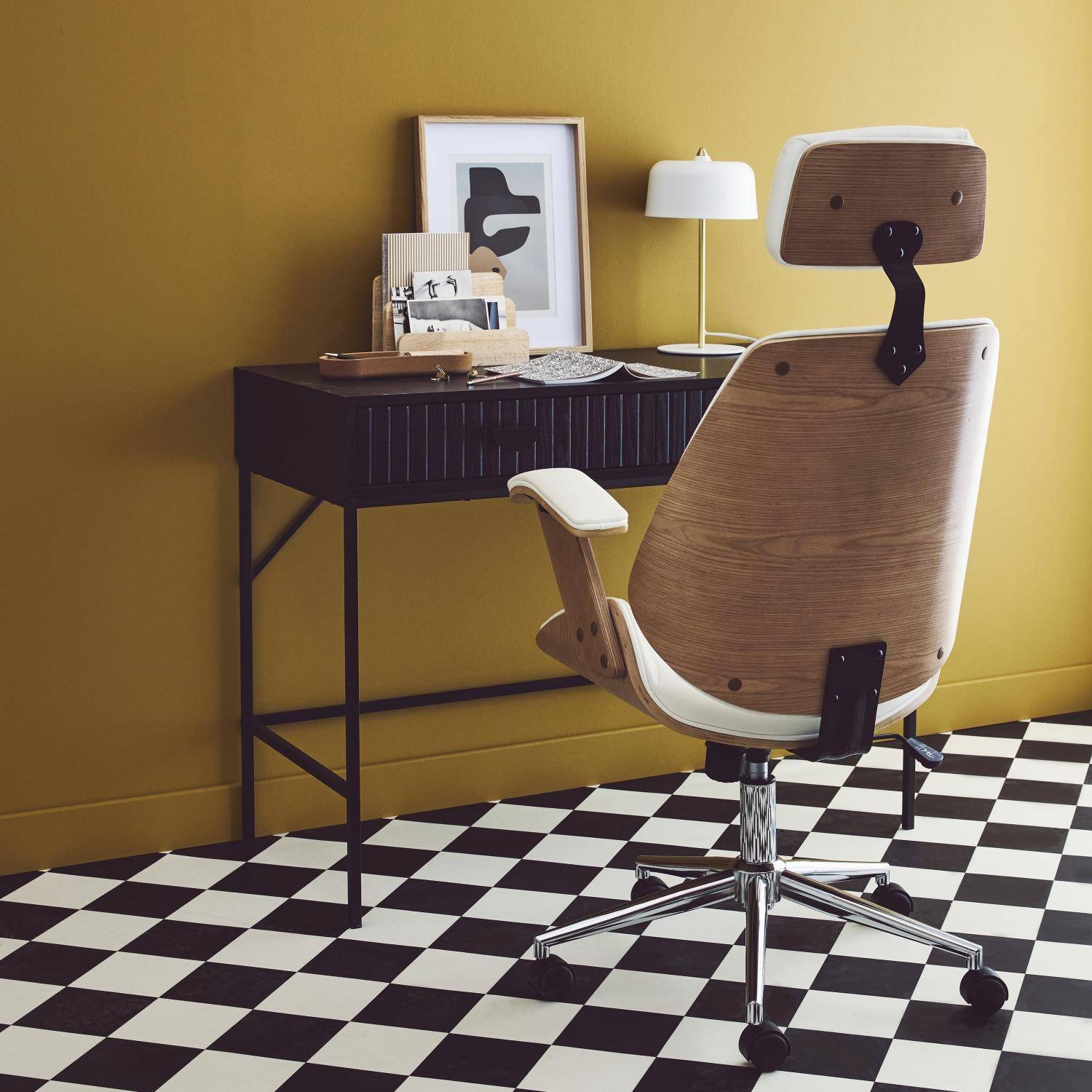 Bureaustoel met wielen, gebogen houten decor, eikenfineer en wit kunstleer,sweeek,Photo2