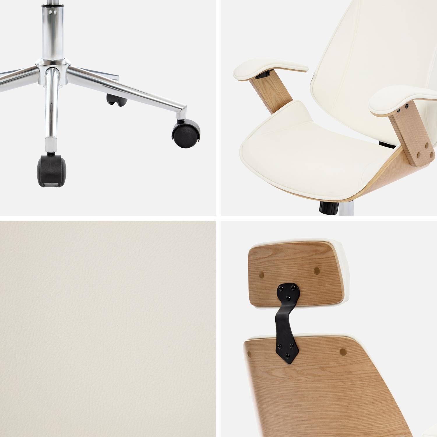 Bureaustoel met wielen, gebogen houten decor, eikenfineer en wit kunstleer Photo6