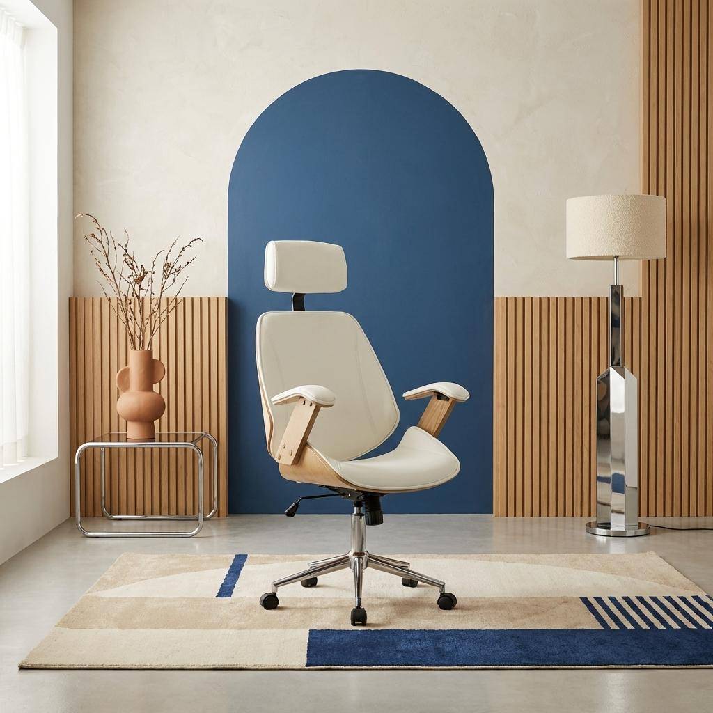 Silla de oficina con ruedas, madera curvada y acabado en polipiel, Michael, Blanco, 62x67x130 cm Photo1