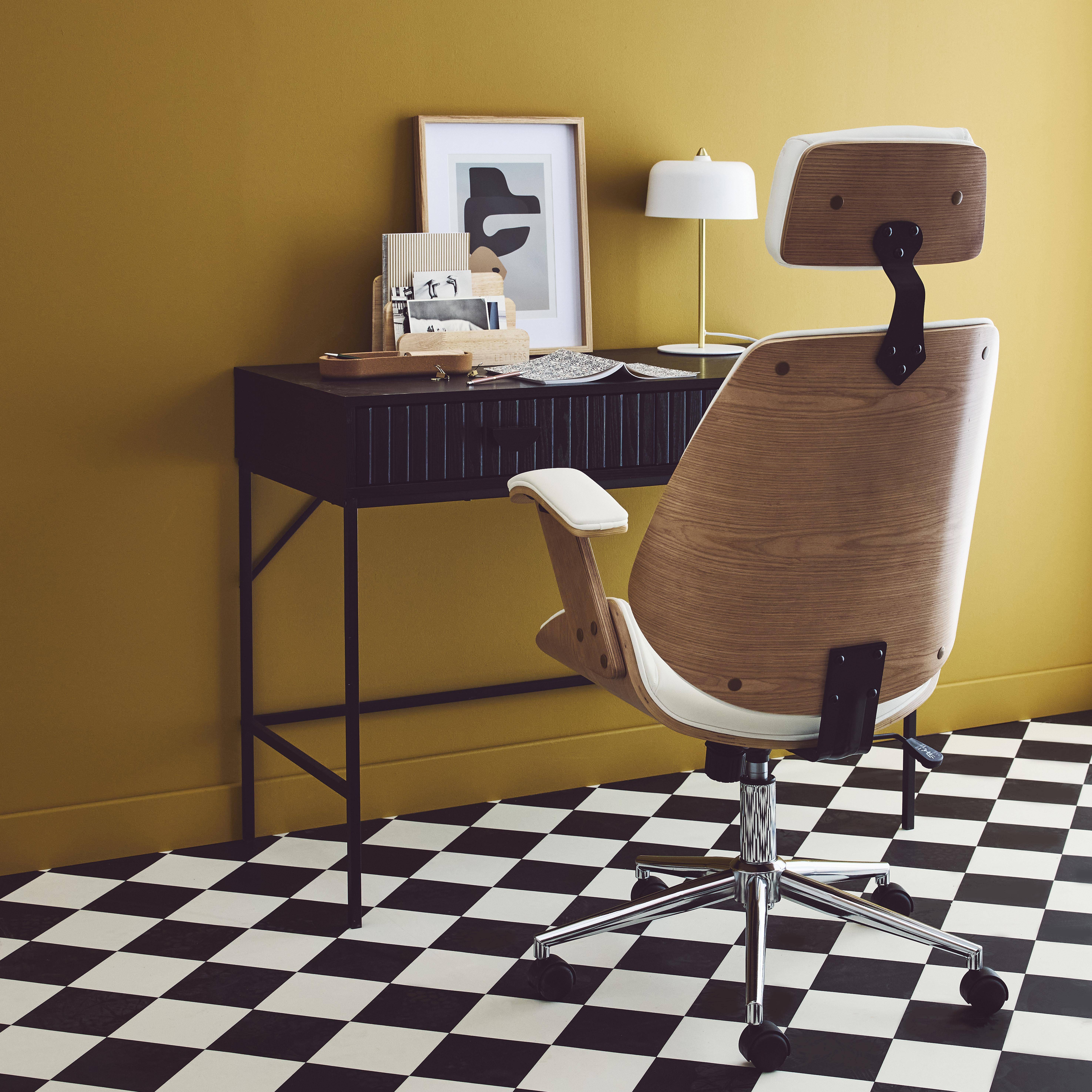 Sedia da ufficio con rotelle, effetto legno curvato e similpelle, Michael, Bianco, 62x67x130 cm Photo2