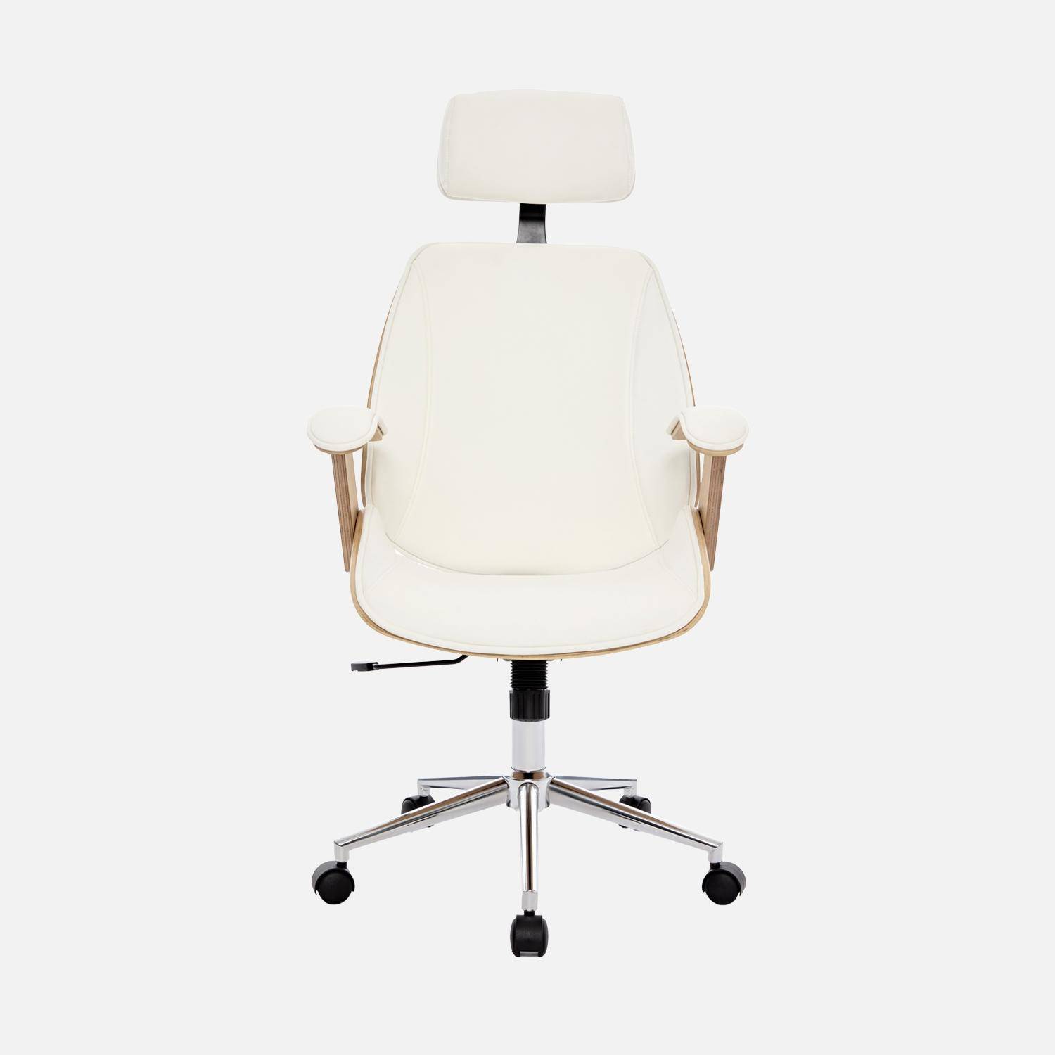 Bureaustoel met wielen, gebogen houten decor, eikenfineer en wit kunstleer Photo4