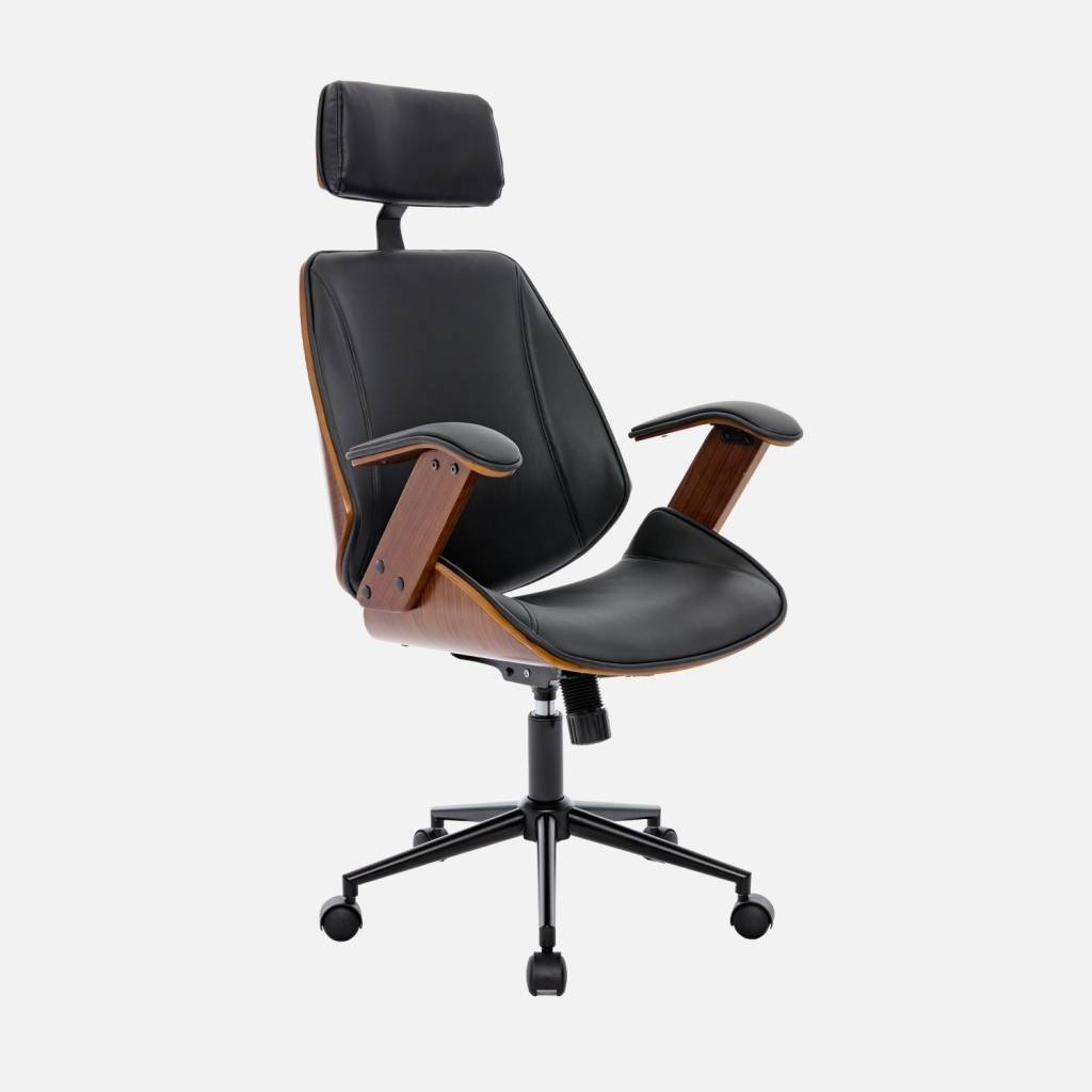 Sedia da ufficio con rotelle, effetto legno curvato e similpelle, Nero
