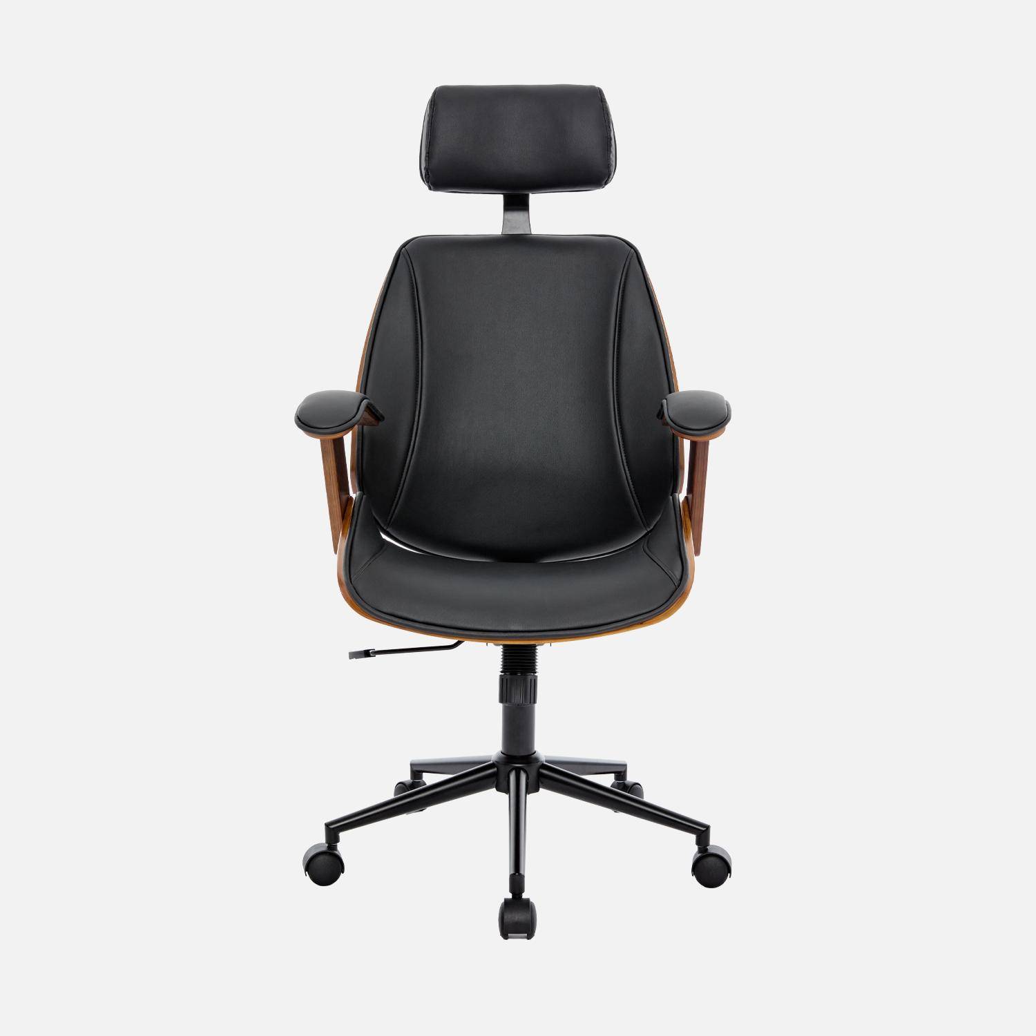 Sedia da ufficio con rotelle, effetto legno curvato e similpelle, Michael, Nero, 62x67x130 cm,sweeek,Photo4