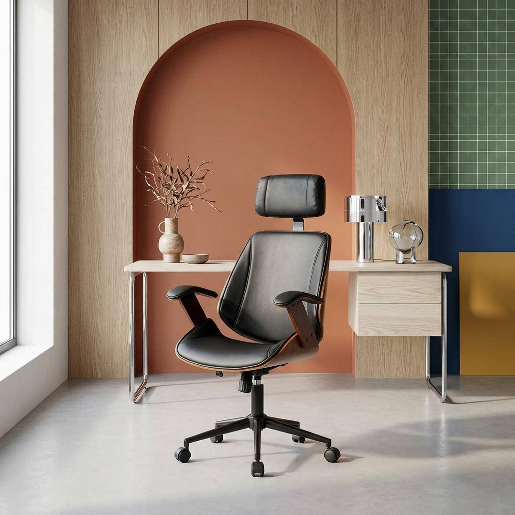 Chaise de bureau à roulettes décor bois courbé placage effet noyer et simili cuir noir Photo1