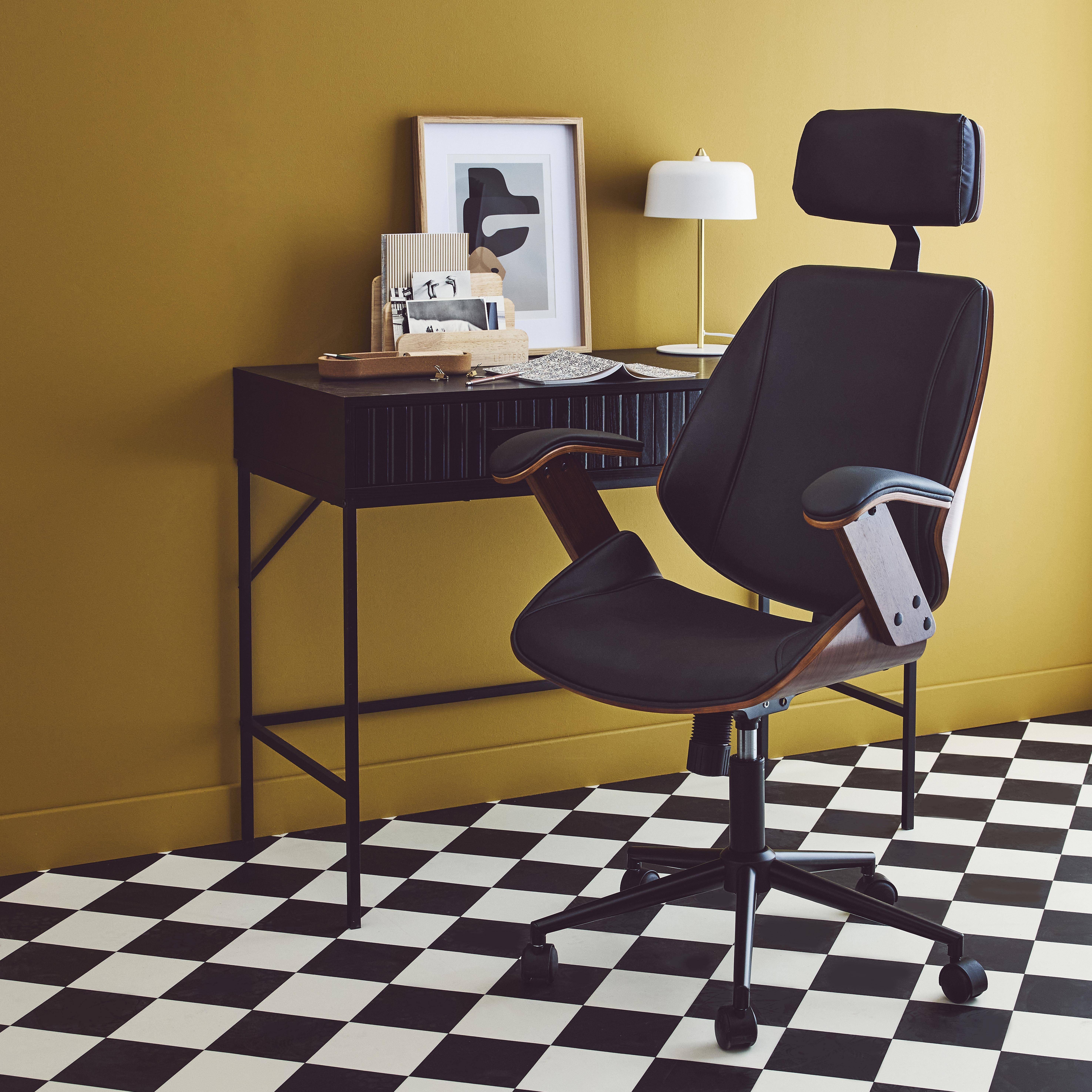 Chaise de bureau à roulettes décor bois courbé placage effet noyer et simili cuir noir,sweeek,Photo2