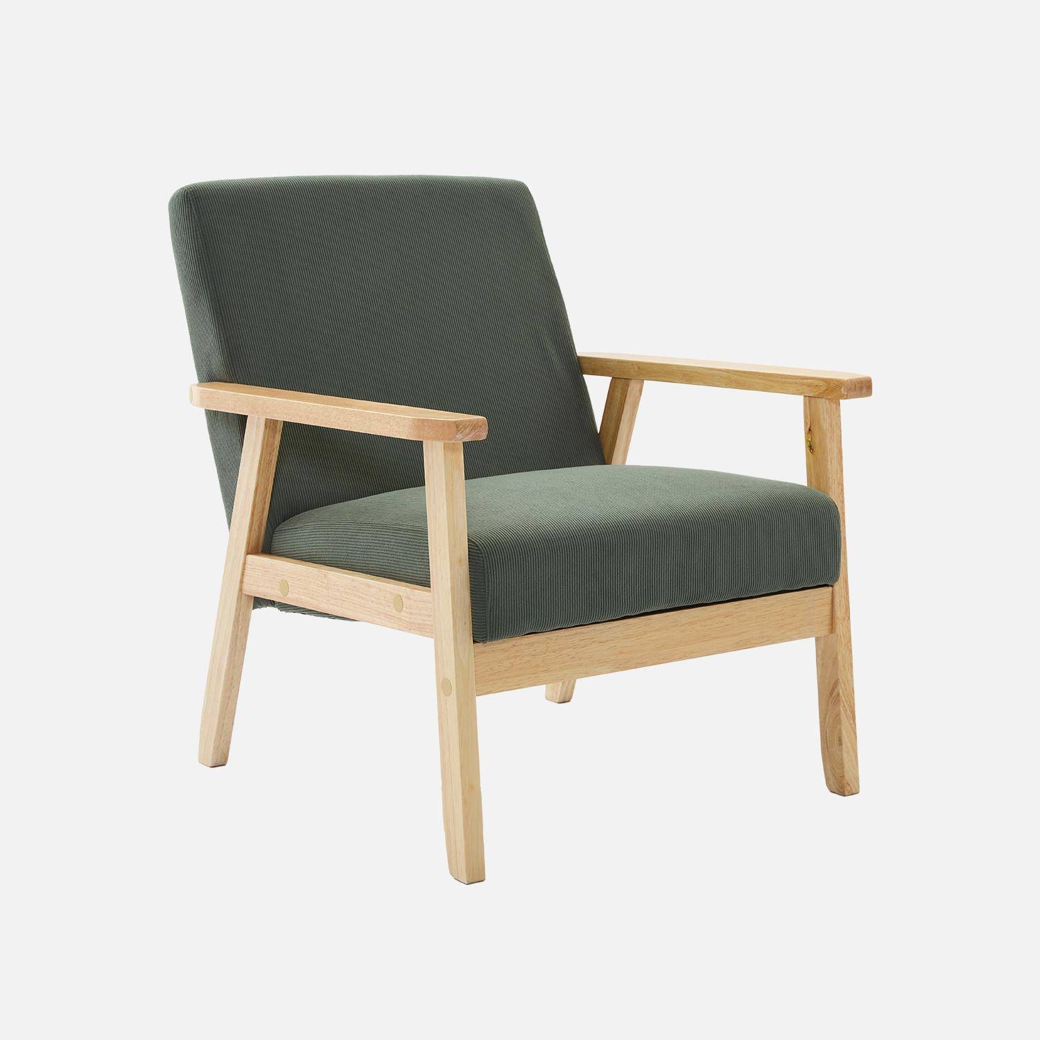 Fauteuil vintage / scandinave structure en bois et contreplaqué et assise en velours côtelé vert kaki,sweeek,Photo1