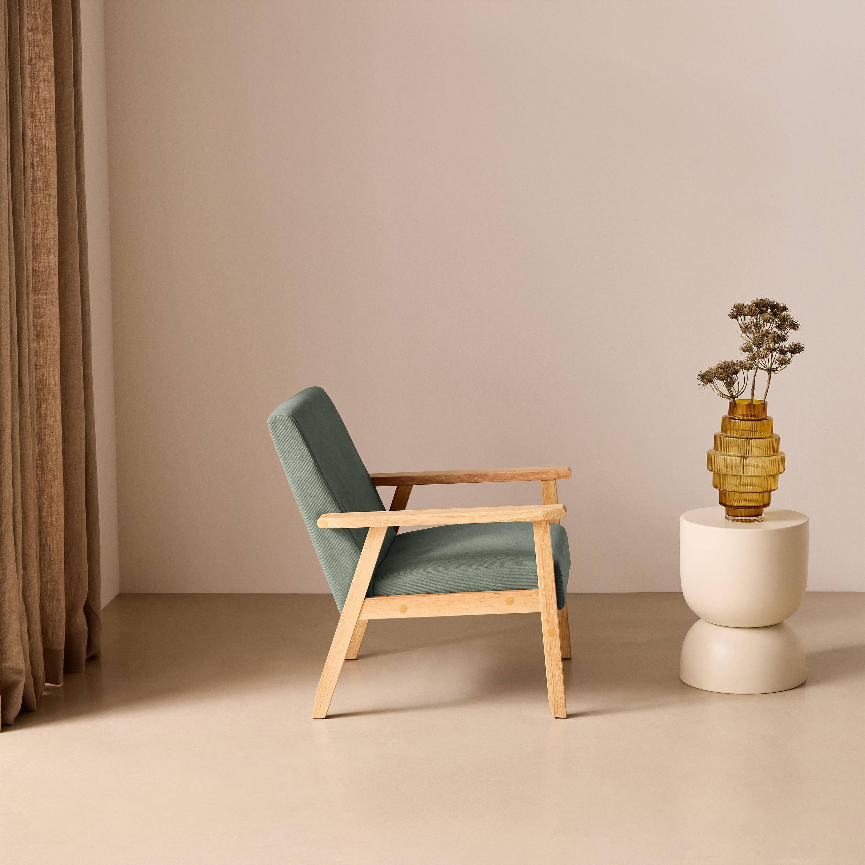 Fauteuil vintage / scandinave structure en bois et contreplaqué et assise en velours côtelé vert kaki Photo2