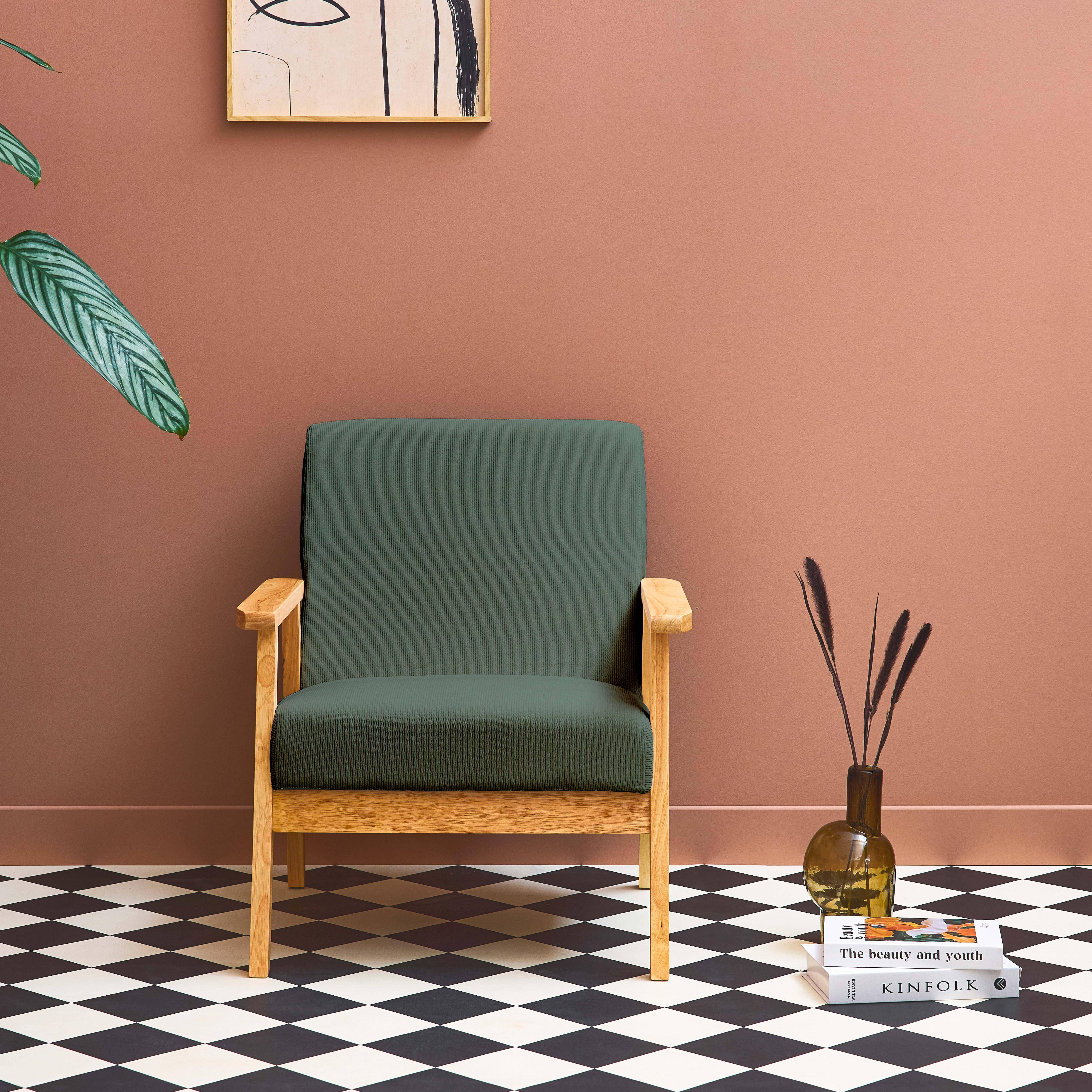 Fauteuil vintage / scandinave structure en bois et contreplaqué et assise en velours côtelé vert kaki Photo2